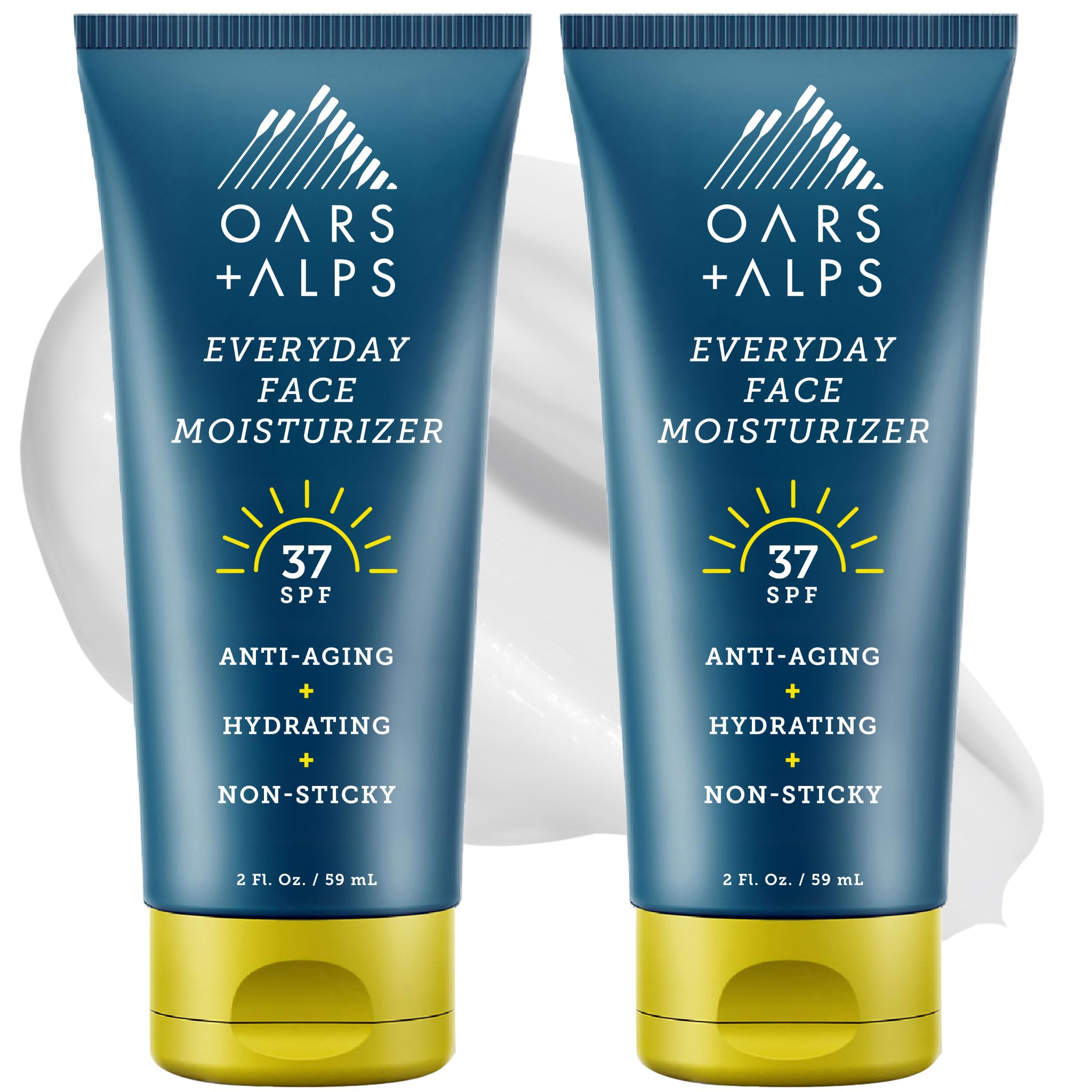 Oars + Alps Travel Sunscreen for Face & Everday Use, SPF 37 Anti Aging Face Sunscreen & Body Lotion, Infused with Hyaluronic Acid, Vitamin E and B5, No White Residue, Water & Sweat Resistant, 2pk