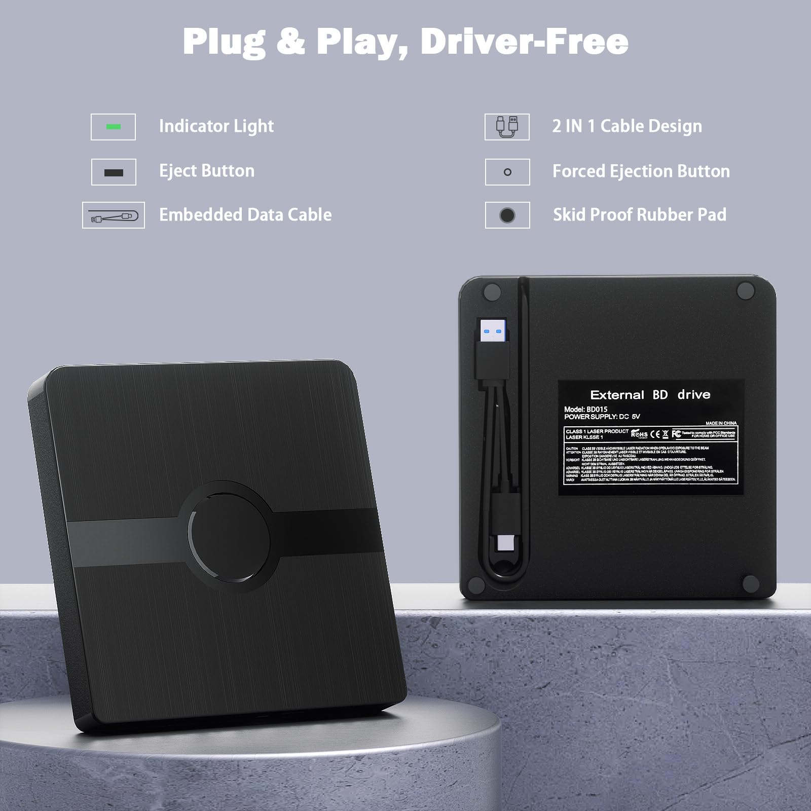 Wbacon External Blu Ray Drive, BD Player with Read/Write Capability Portable Blu-ray Player with USB 3.0 and Type-C CD/DVD Burner 3D Blu-ray Drive (with Charging Cable) 4