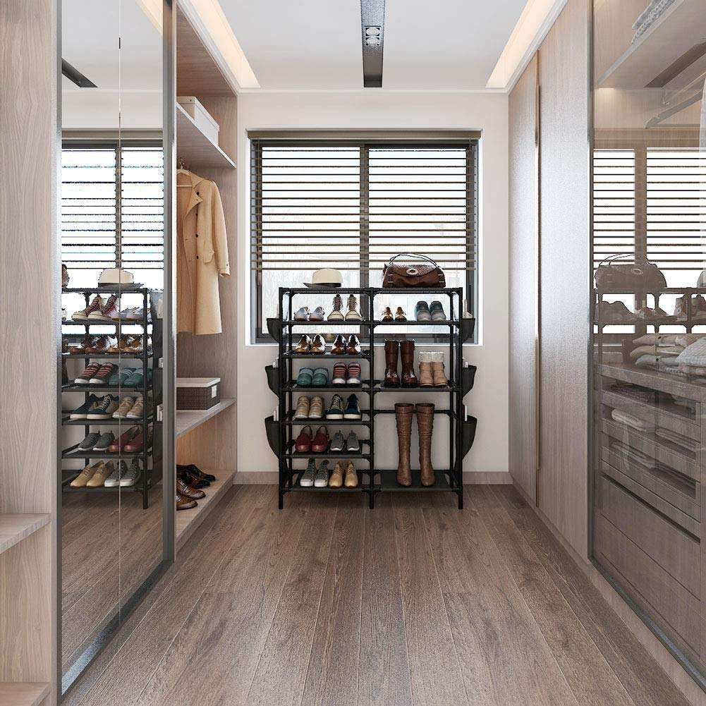 AYSIS Iron and Nonwoven Fabric 7+2 Layer Multipurpose Portable Folding 24-30 Pairs Fancy Shoes Rack (Black) 4