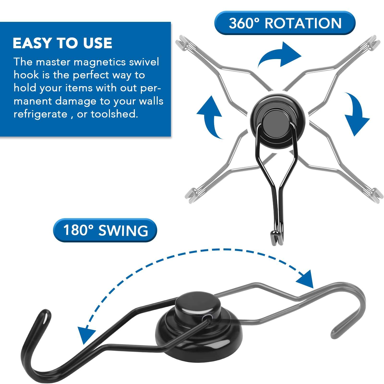 HASTHIP® Magnetic Hooks Heavy Duty, Strong Swivel Magnet Hooks for Multi-Purpose Hanging, 48 lbs Black Magnetic Hooks for Grill, Clothes, Refrigerator, Classroom, Kitchen - Pack of 8 5