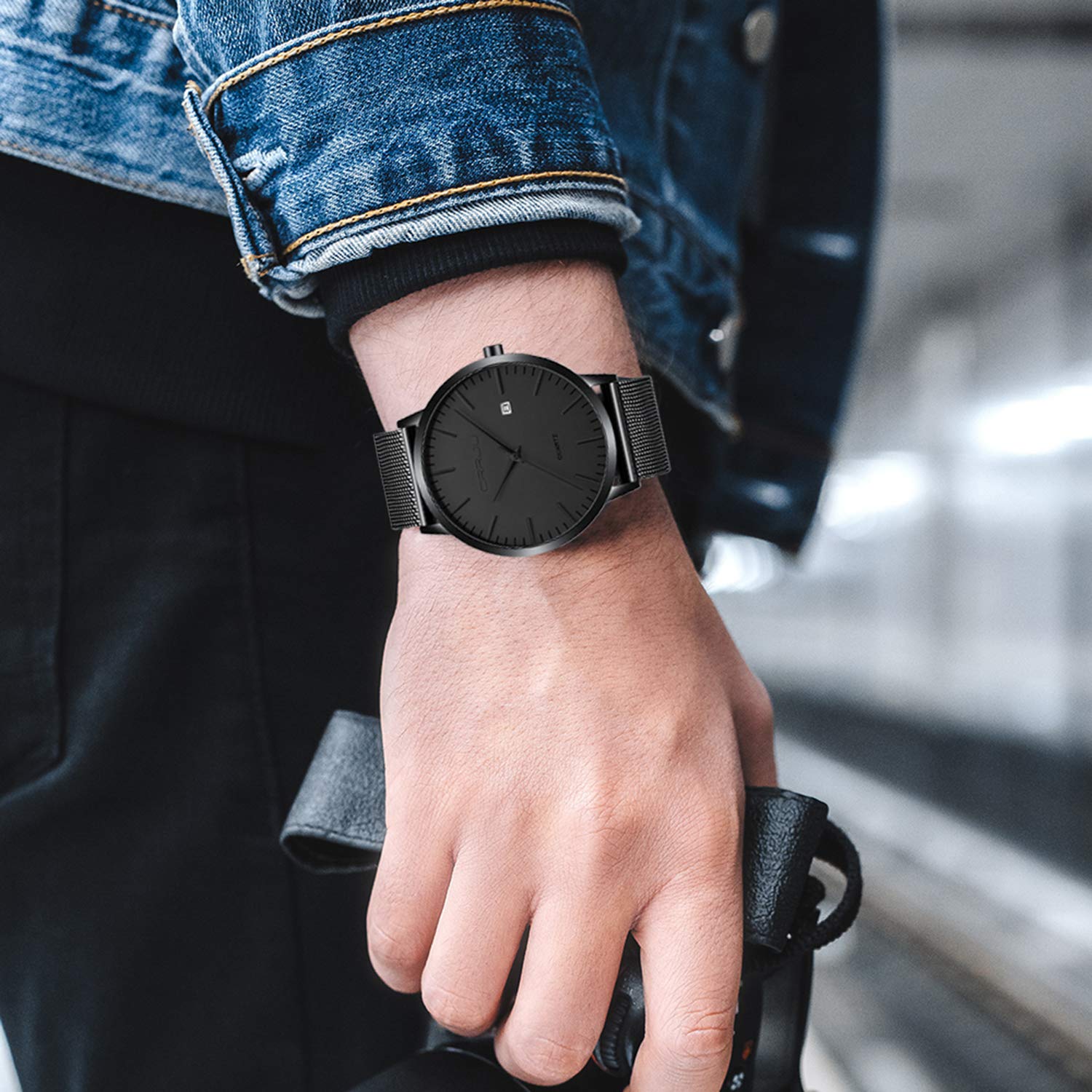 CRRJU Men's Luxury Fashion Watches Slim Casual Waterproof Date Quartz Mesh Belt Watch for Men,7MM Black/Grey 2