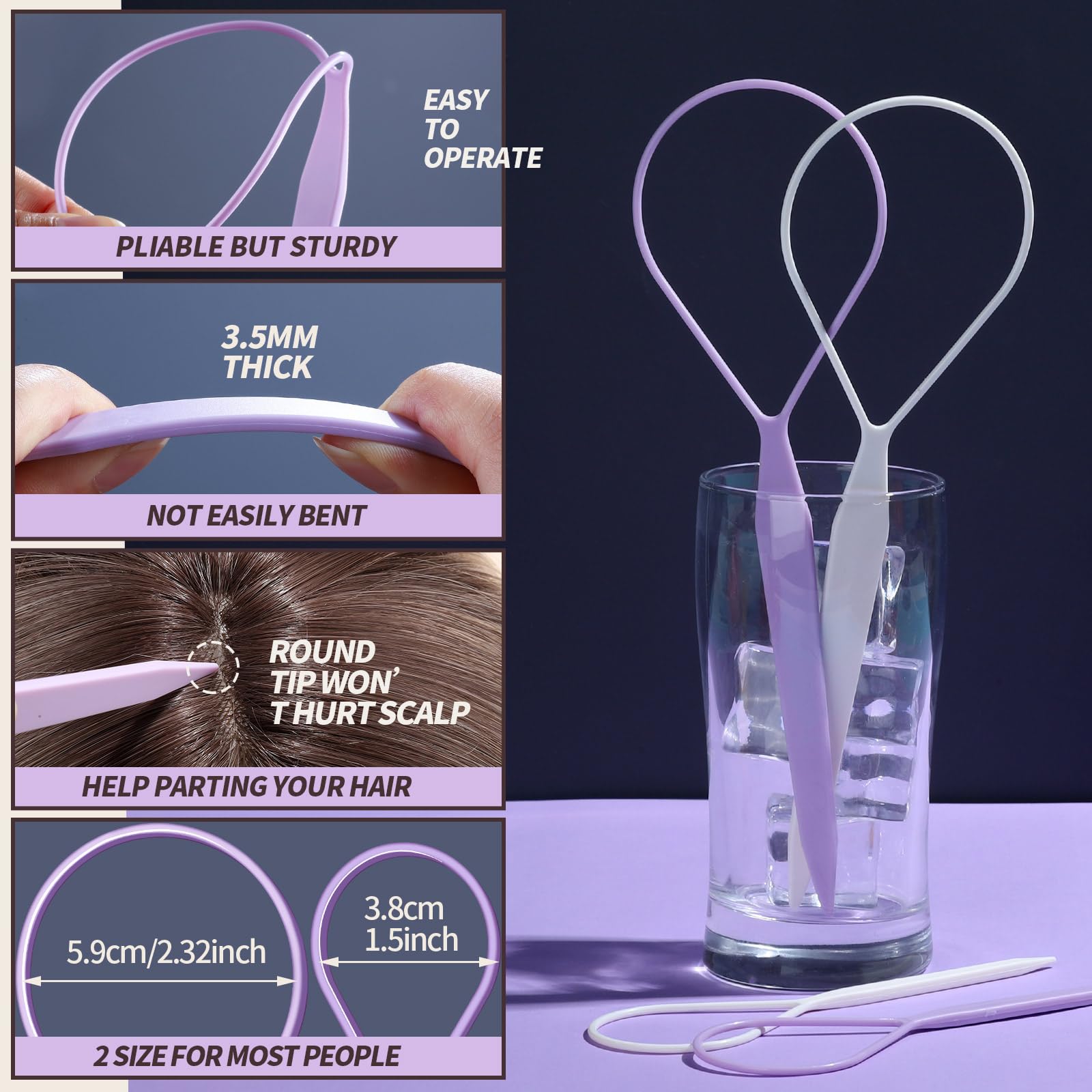 Teenitor 4pcs Pony Tail Hair Tools, 2 Pairs Hair Loop Styling Tool Ponytail Hair Pull Through Tool French Braiding Hair Tool, Hair Loop Styling Tool Hair Accessories for Women Girls Light Purple/White 4