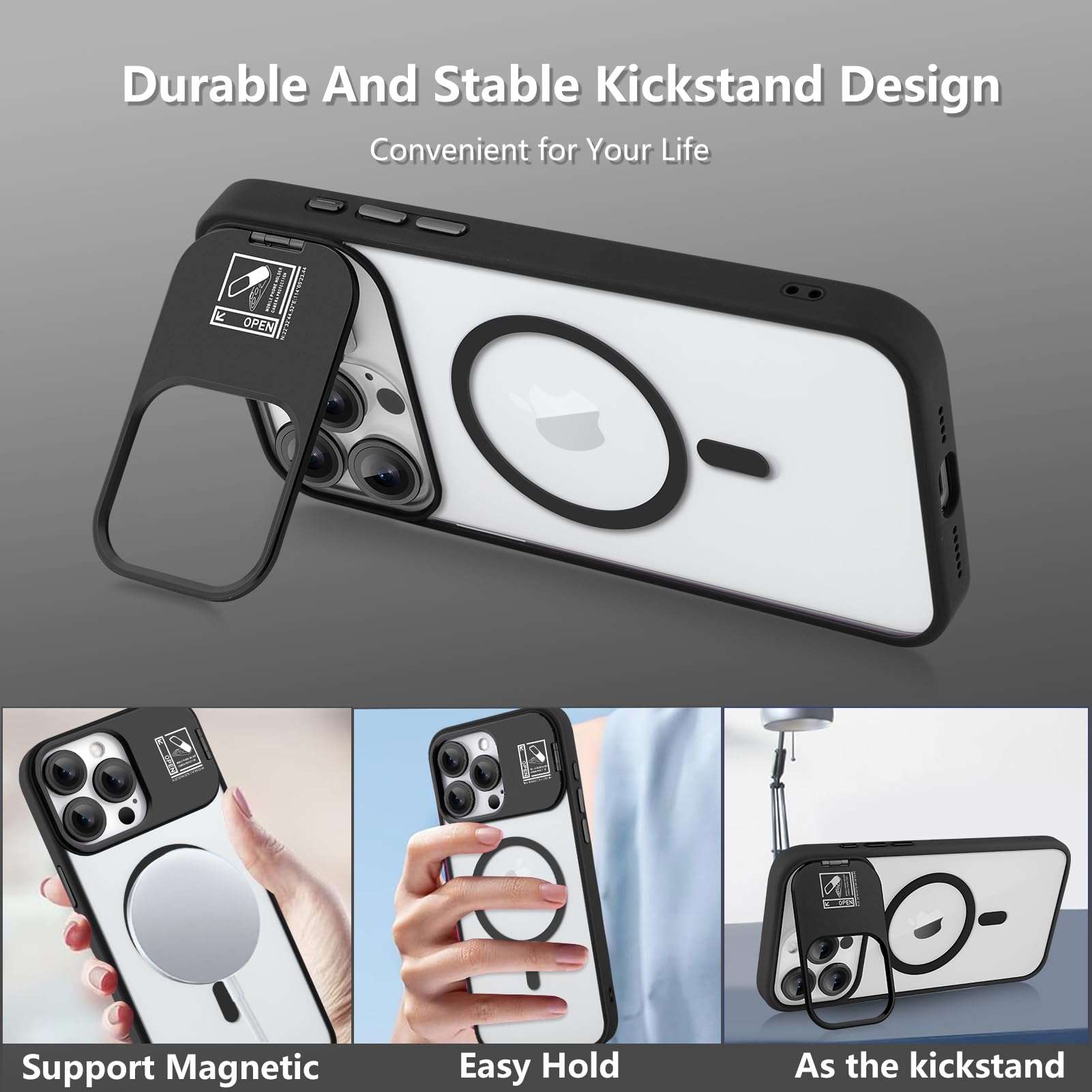 TEAUGHT Magnetic for iPhone 16 Pro Max Case, [Built-in Lens Ring Stand][Military-Grade Protection] Translucent Matte Phone Case Support for MagSafe + Screen Protector + Camera Protector, Black 5