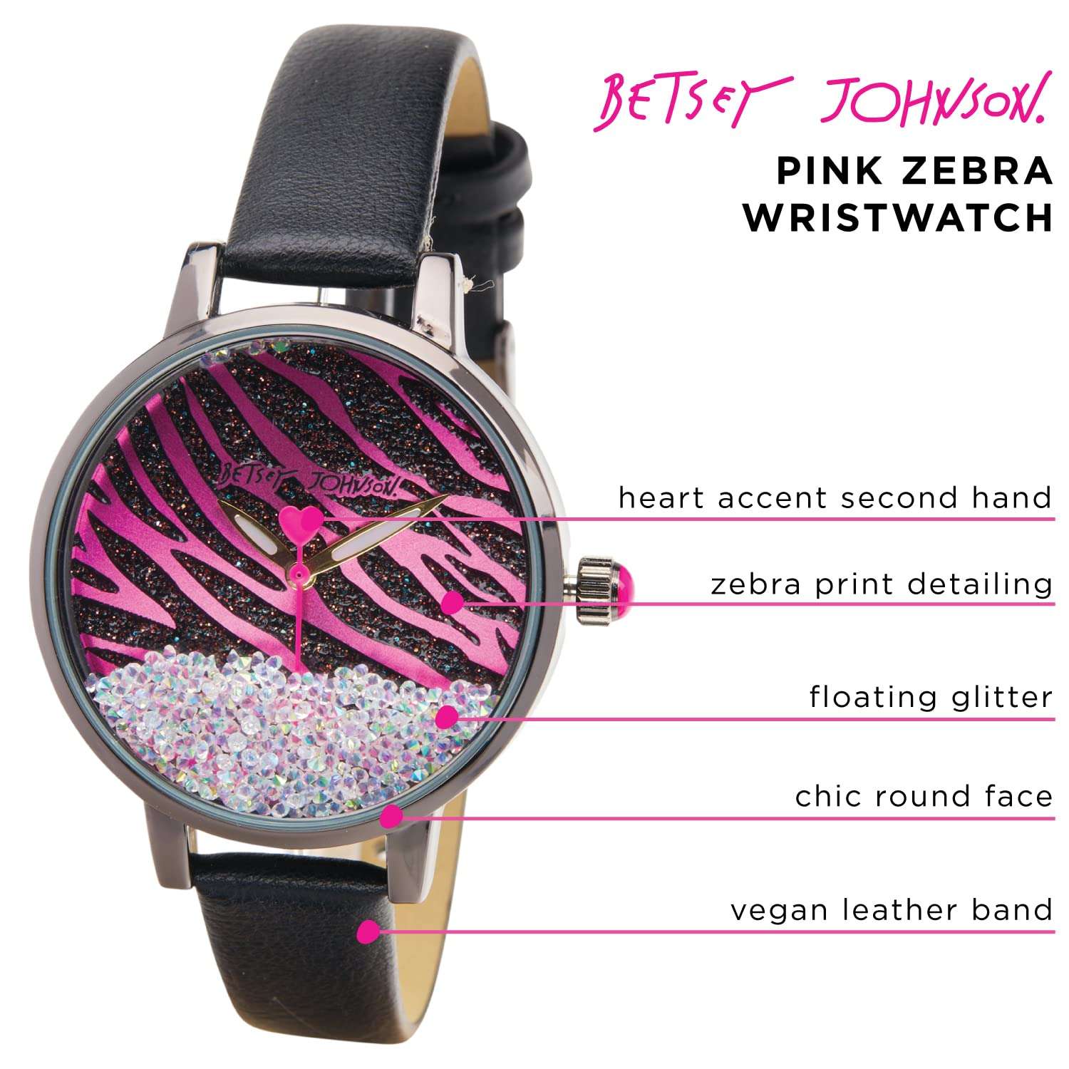 BETSEY JOHNSON Women's Watch - Vegan Leather Strap Glitter Wristwatch, Quartz Movement: BJW044, Size One Size, Pink Zebra 4
