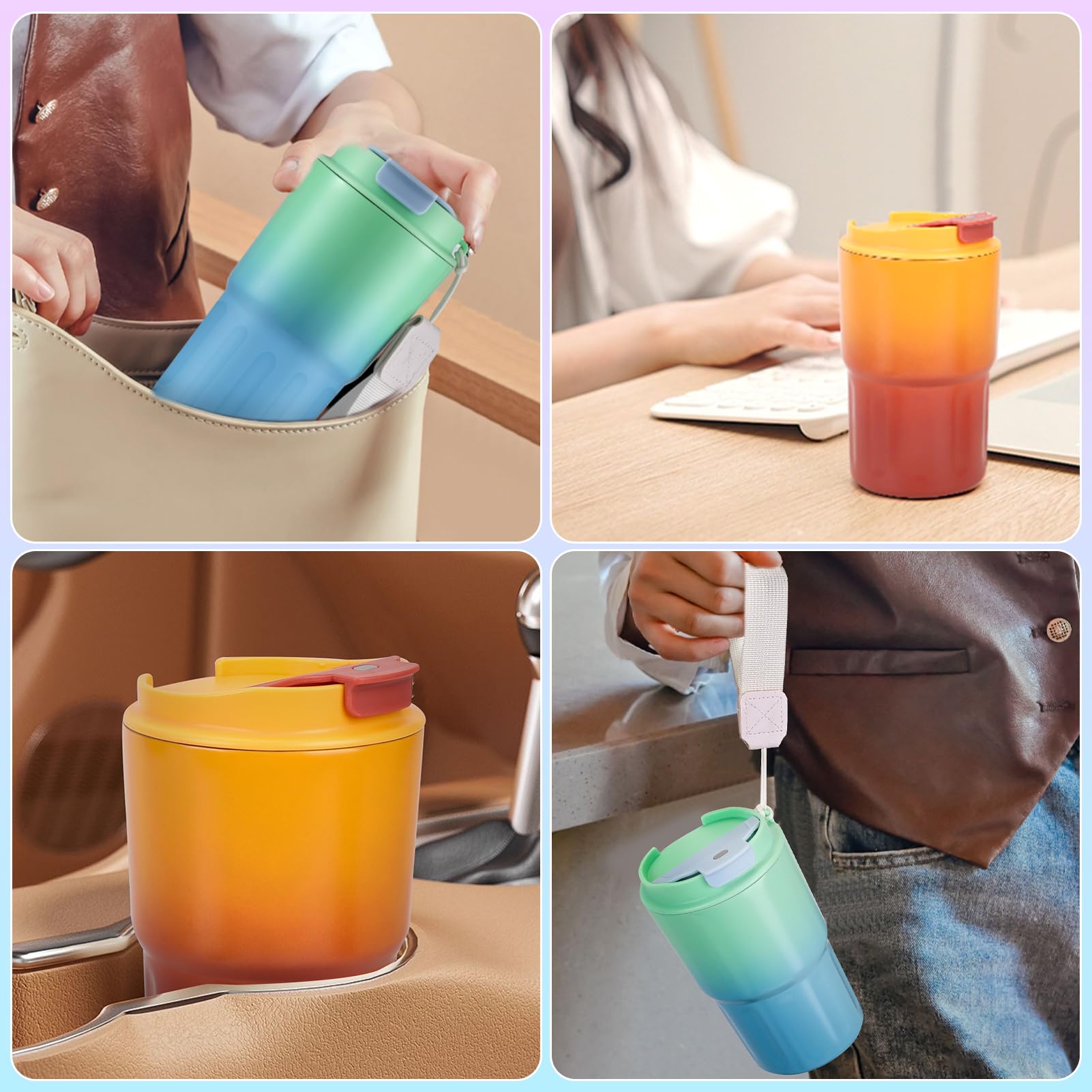 XIAPIA Travel Mug 12 oz, 2 Pack Cups With Lids, Leak Proof Reusable for Hot/Iced Coffee, Double Walled Vacuum Insulated Tumbler Gift (Green-Blue + Orange-Brown) 6