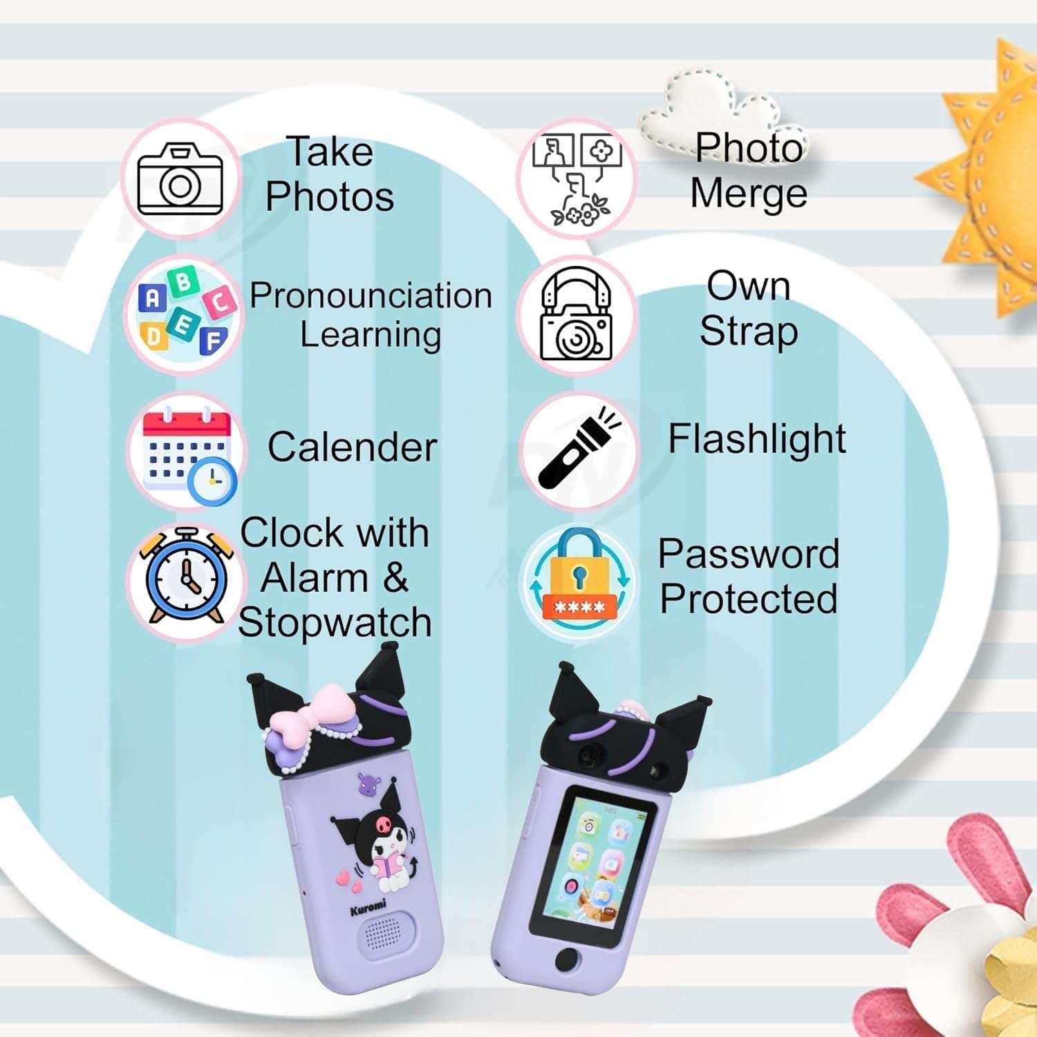 BLiSS HUES Kids Touchscreen Smartphone Toy – 2.8” Screen, 360° Rotating 8MP Dual Camera, MP3 Music Player, in-Built Games & Wallpapers – Electronic Learning Toy - Purple 3