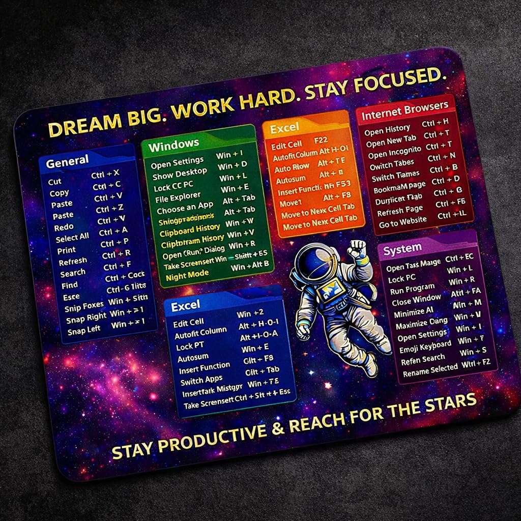 Computer Keyboard Shortcuts Mouse Pad, Galaxy Space Theme with Astronaut Design, Motivational Productivity Reference Guide for Windows Excel and Internet Browsers, Non-Slip Rubber Base, 3mm Thick 6