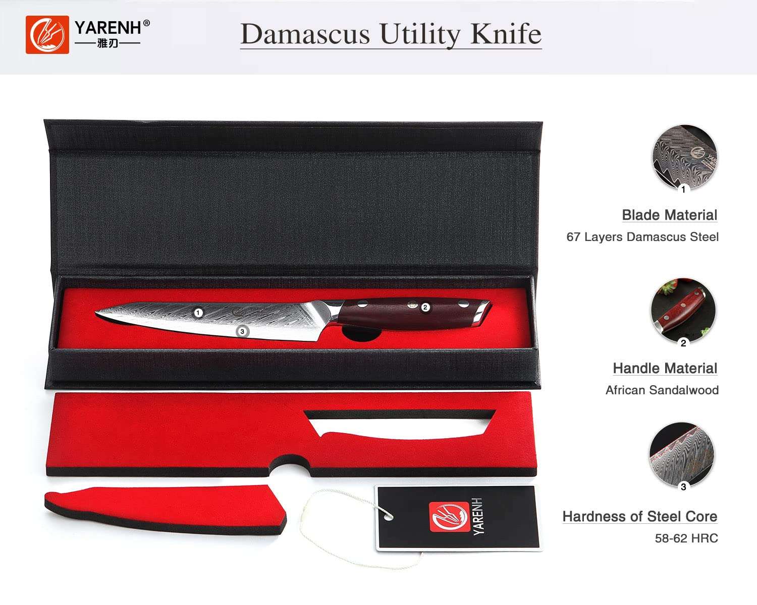 YARENH Kitchen Utility Knife - Paring Knife - 5 Inch Damascus 67 layers of high carbon steel - Rust Resistant & Razor Sharp - for Professional Chef 3