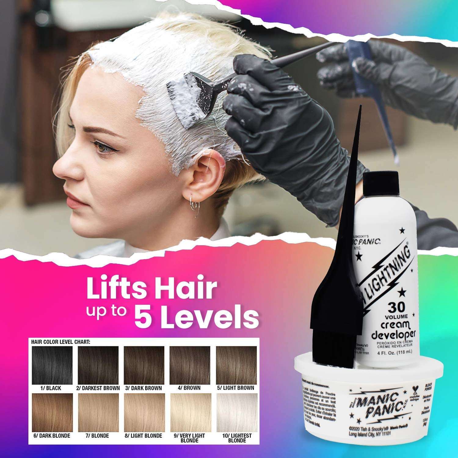 MANIC PANIC Flash Lightning Hair Bleach Kit 30 Volume Developer Bundle with Prepare to Dye Clarifying Shampoo, Shampoo and Conditioner Set for Colored Hair and Virgin Snow Blonde Toner 3