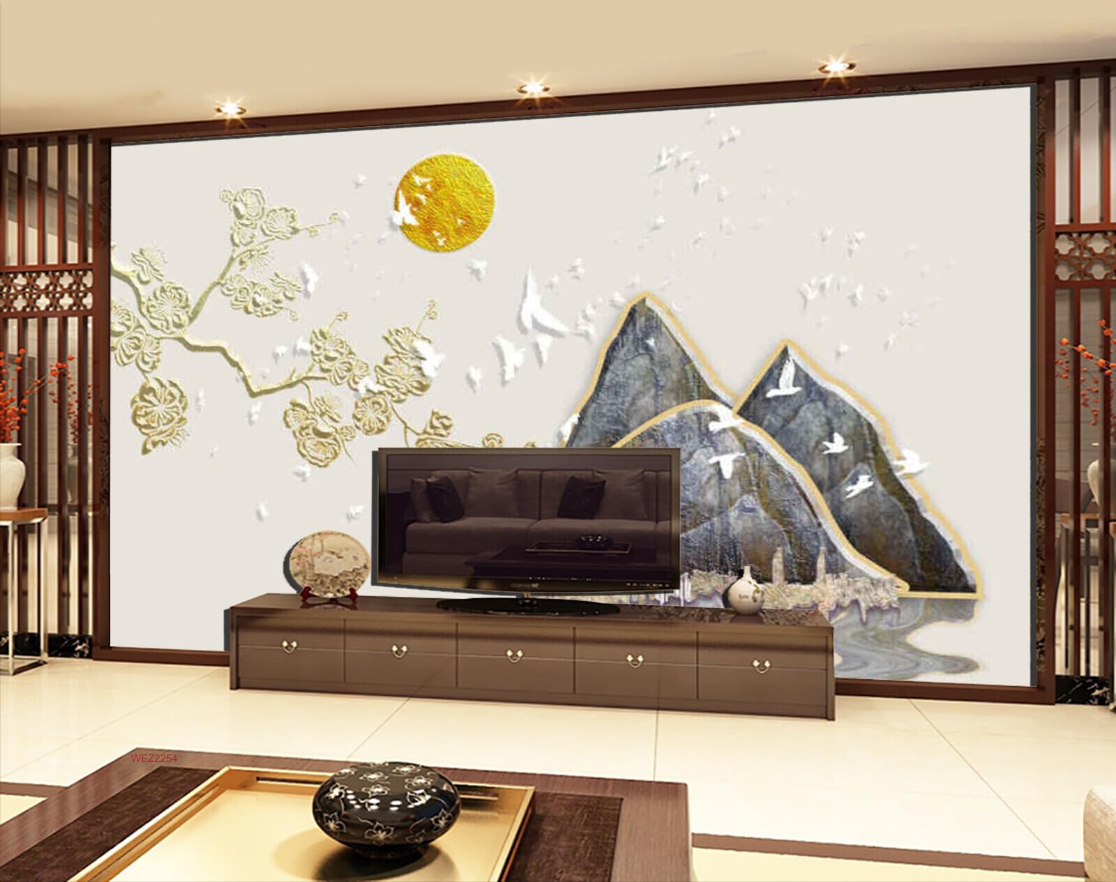 Wall26 - WEZ2254 Birds Blossom Peck Sun Mountains Flowers Beautiful Boo HD 3D Wall Sticker[7 ft x 5 ft] / [213 cm x 152 cm] 3