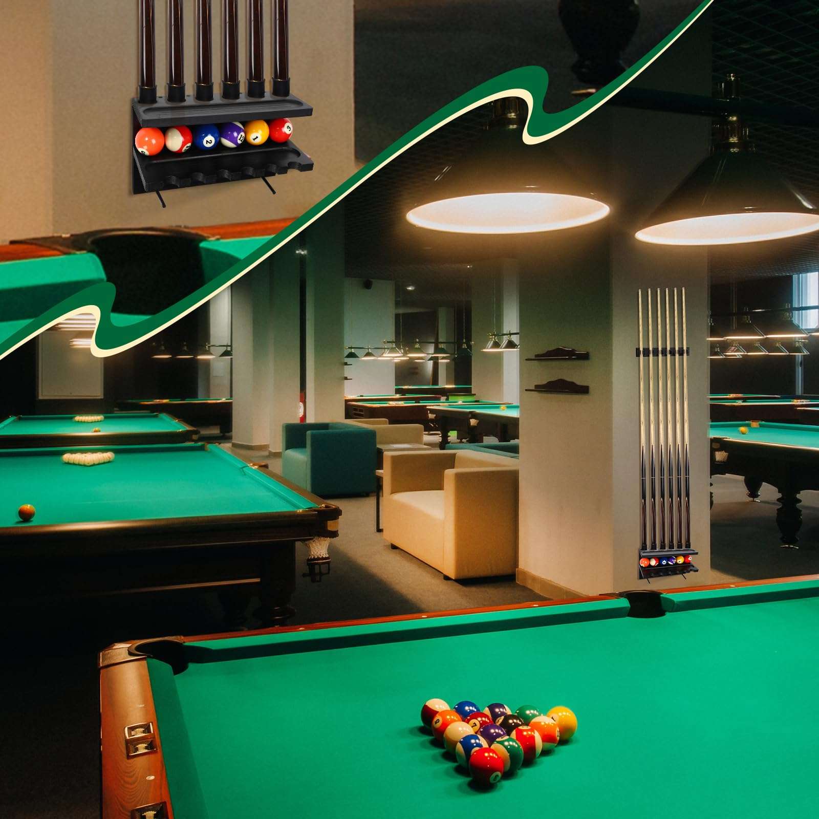 Relaxgiant Wall Mount Pool Stick Holder Billiards Pool Cue Rack Pine Wood Wall Mount Holds 6 cues and Full Ball Set Pool Table Accessories Equipment Organizer for Billiard Room, Bar, Club (Black) 6