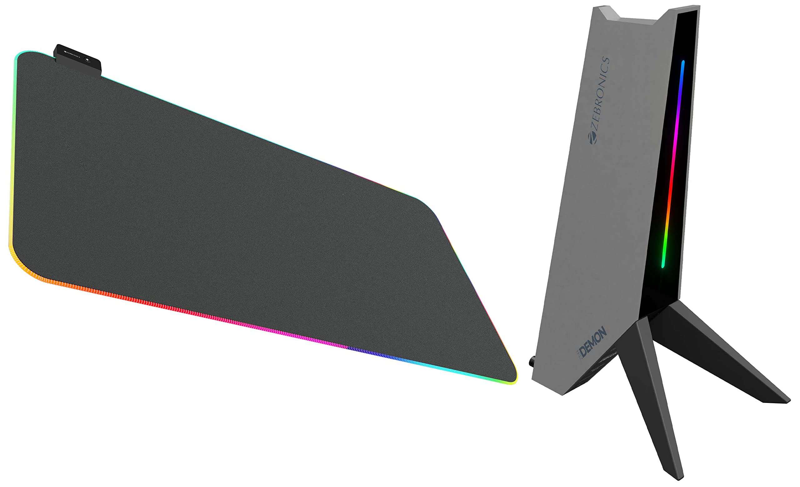 ZEBRONICS Zeb-Demon Tabletop Over Ear Gaming Wired Headphone Stand with RGB Led, Dual USB Ports, 3.5Mm Jack, Abs Material, 1.5 Meter USB Cable & Zeb-Blaze XL RGB Gaming Mouse Pad 1