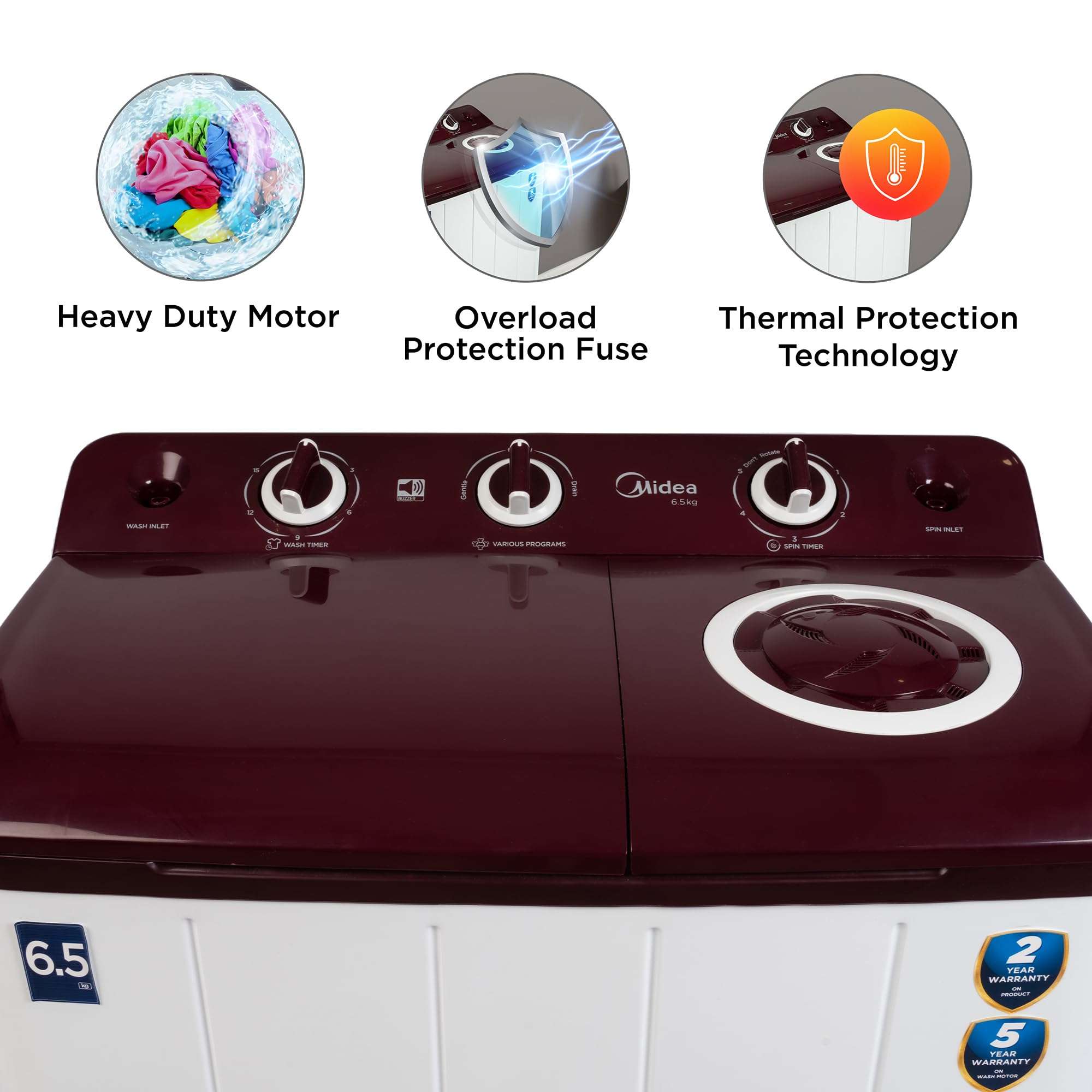 Midea 6.5 KG Semi Automatic Top Loading Washing Machine Appliance, Rust proof Body, Air Dry Function with 1350 RPM (MWMSA065PCH, Maroon White) 4