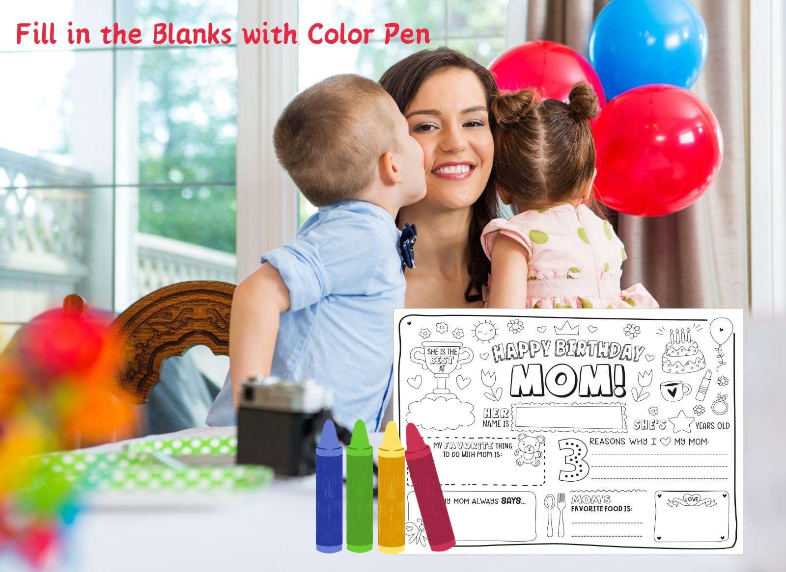 CJ&M Happy Birthday Mom Coloring Page | All About Mom Fill In Template | Mother’s Birthday Activity | Mom’s Birthday Card for Kids.Perfect craft gift from kids for Mother’s Birthday. 4