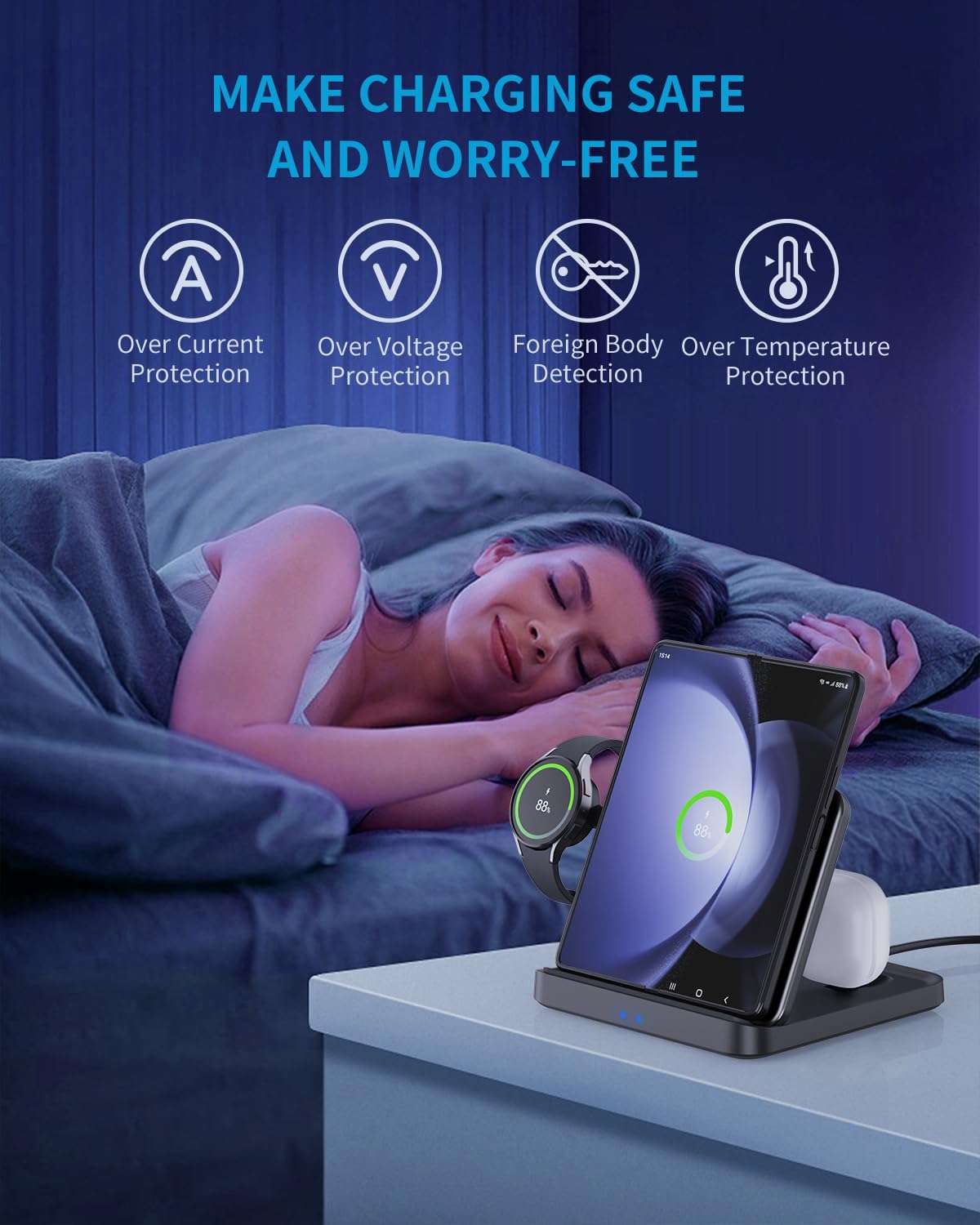 Wireless Charger Station for Samsung Z Fold 7/6/5, ANPULES 3 in 1 Foldable Fast Wireless Charging Stand Dock for Galaxy Z Fold4/Flip 6/5, Wireless Charger for Watch 6/6 Classic, Buds 2/Pro/Live 6