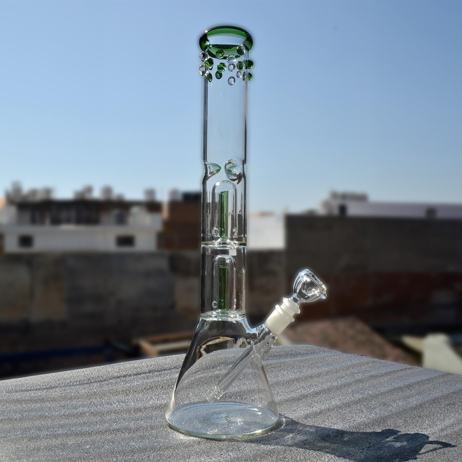 AL - Rasta Borosilicate Glass Banta Double Percolator Bong (16 Inch 50mm) + Free Glass Filters + 1 Brush + 1 Down Stem + 1 Herb Cap + Bong Cap Silicone Plug 1