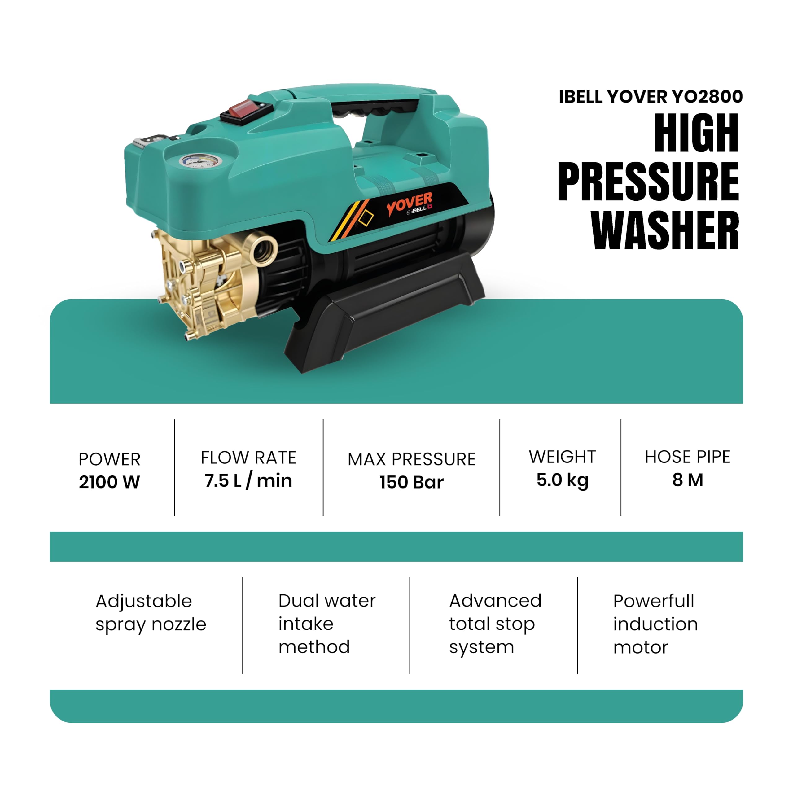 IBELL YO2800 High Pressure Car Washer for Home & Bike Cleaning, 2800W Induction Motor, 240 Bar, 12 L/min Flow, Portable Pressure Washer with 8M Hose & Spray Gun 4
