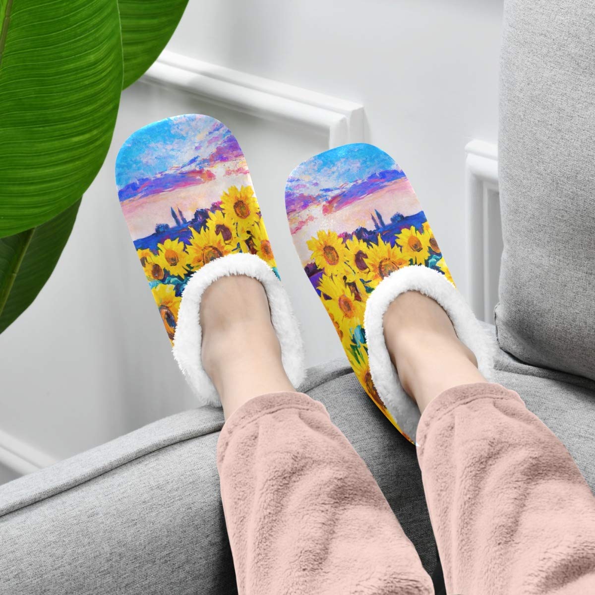 linqin Fuzzy Feet Slippers for Women and Men, Winter House Slippers Soft Warm Indoor Bedroom Home Shoes with Non Skid Sole - Oil Painting Sunflower, 1 2