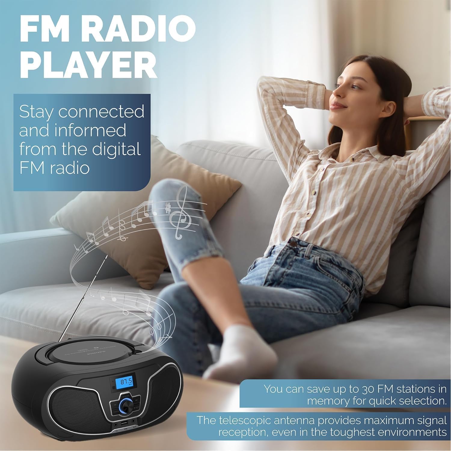 Philips CD Player Boombox, Dynamic Bass Boost with Bluetooth, FM Radio, USB Playback & AUX Input, Portable Top-Loading Boombox, Clear Stereo, RW/MP3 Compatible (Black) 4