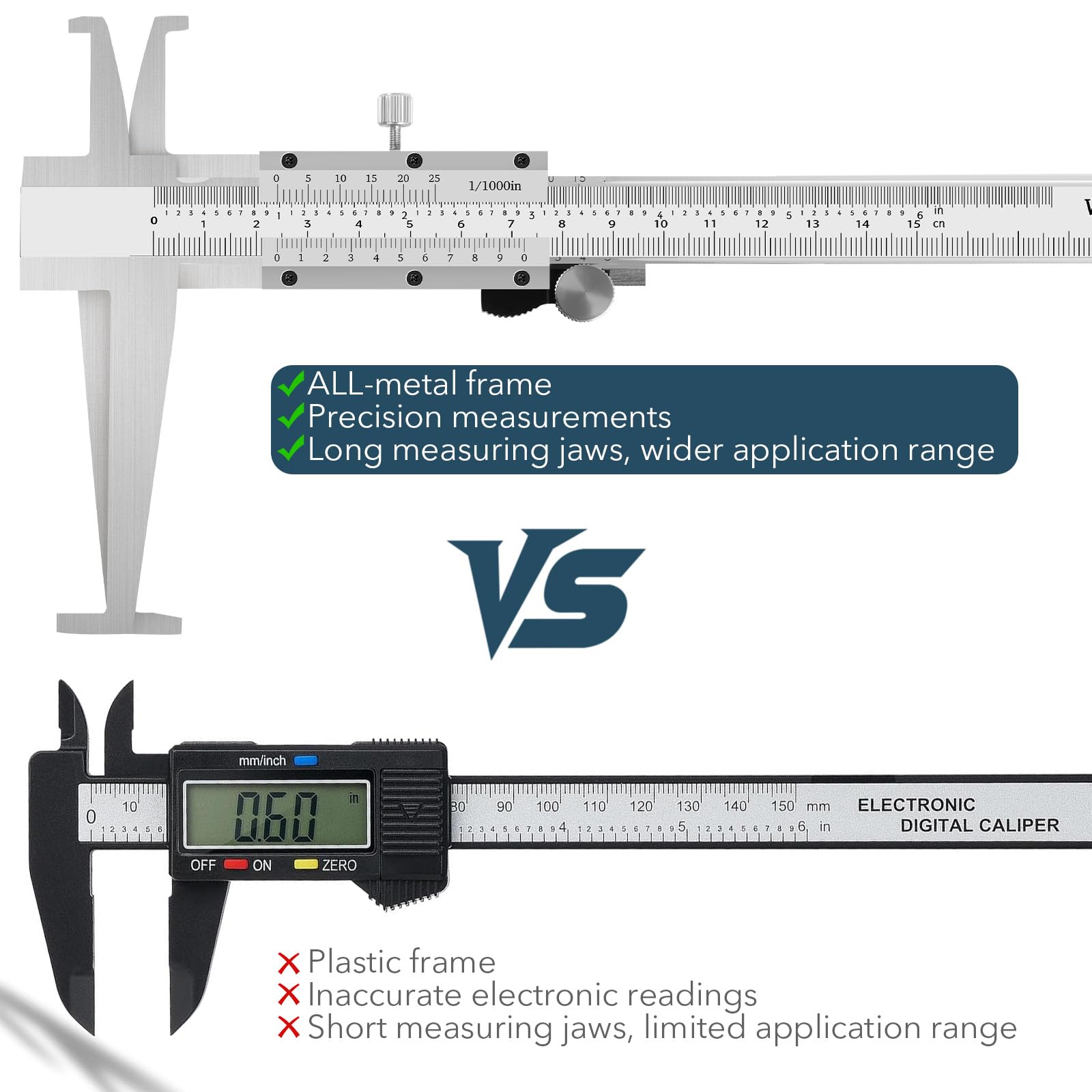 WEANCY Inside Groove Vernier Caliper with Upper Jaw and 3" Lower Jaw, Inside Diameter Measuring Tools 9-150mm/6 Inch Range,0.01mm/ 0.005" Resolution,Imperial/Metric, Carbon Steel (6 Inch/ 150mm) 6