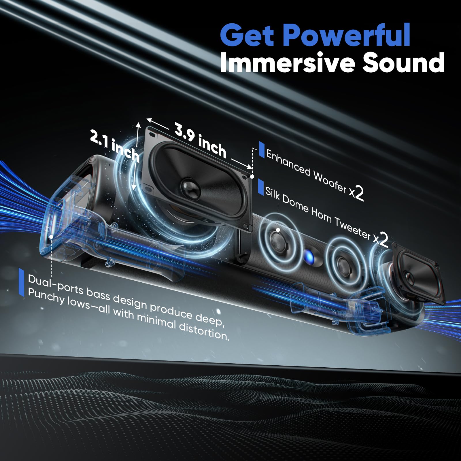 Sound Bar for Smart TV with Deep Bass & Crystal Dialogue – 60W 2.0 Channel Soundbar, Dual Woofers & Silk Dome Tweeter, Bluetooth 5.3, ARC/Optical/AUX, 17-Inch Wall Mountable for PC Projector Gaming 4