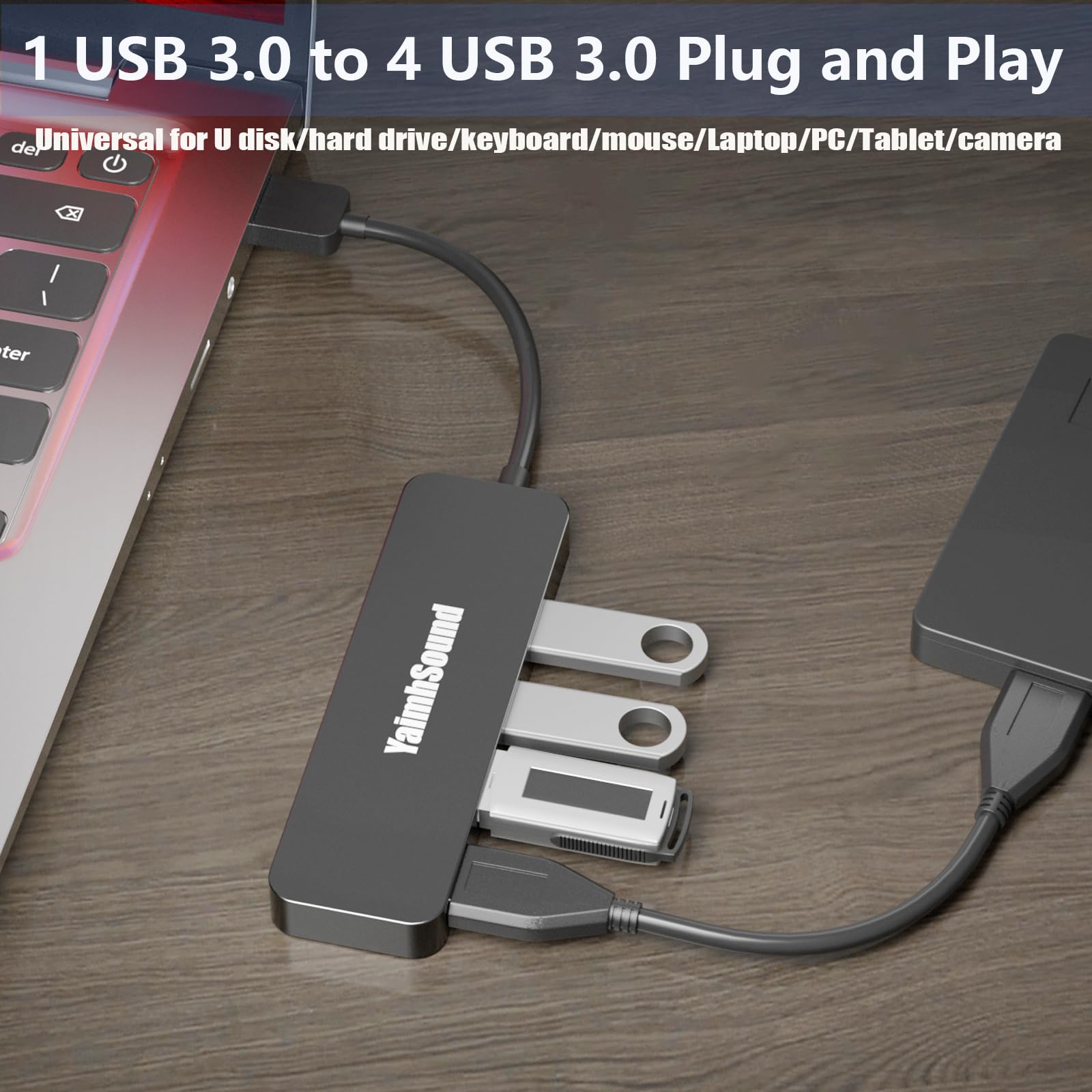 4-Port USB Hub 3.0, YaimhSound USB Splitter for Laptop, Keyboard and Mouse Adapter for Dell, Asus, HP, MacBook, Surface Pro, Acer, Ps4, Xbox, Flash Drive, SSD, Printer, Camera 3