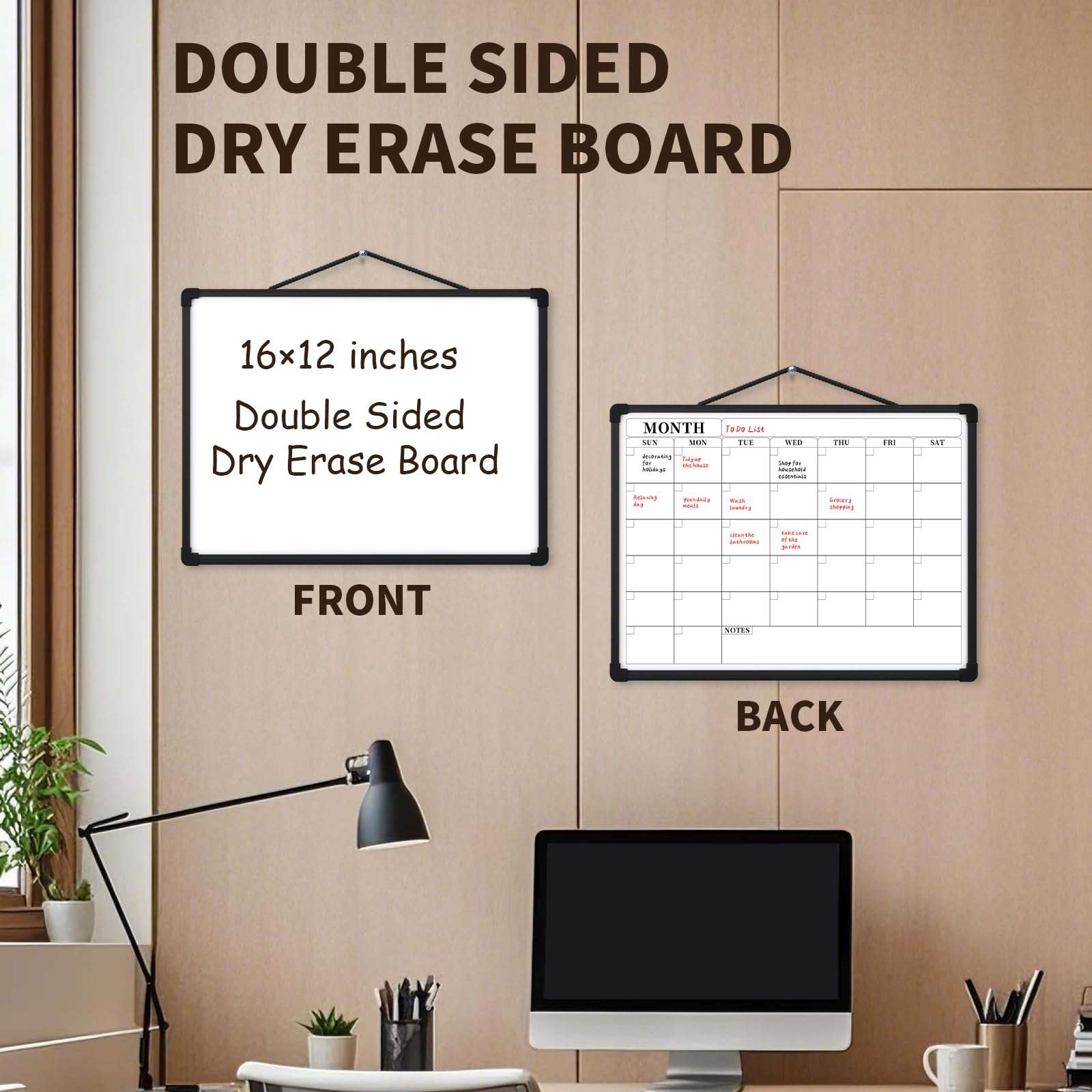 Monthly Calendar Dry Erase Board, 16"x12" White Board Dry Erase for Wall, Small Hanging Dry Erase Board, Double-Sided White Board for Home, Office, or School 3