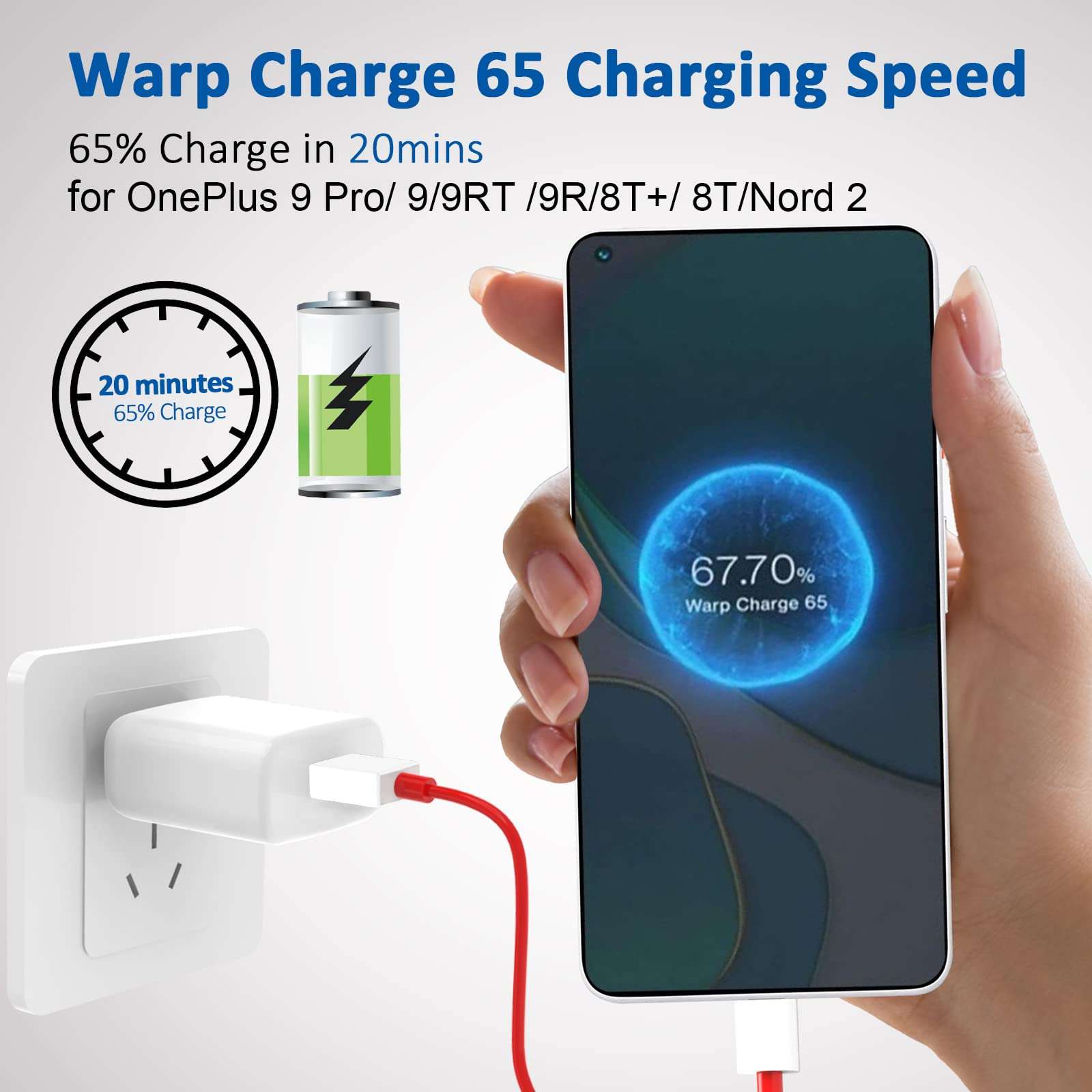 Warp Charger 65W for OnePlus 9R/9RT 5G/9/9 Pro, OnePlus Charger Warp Charge for OnePlus Nord 2 5G/8T/8T+ 5G,USB Wall Plug Block Replacement with Warp Charging USB A to C Cable（3.3ft） 3