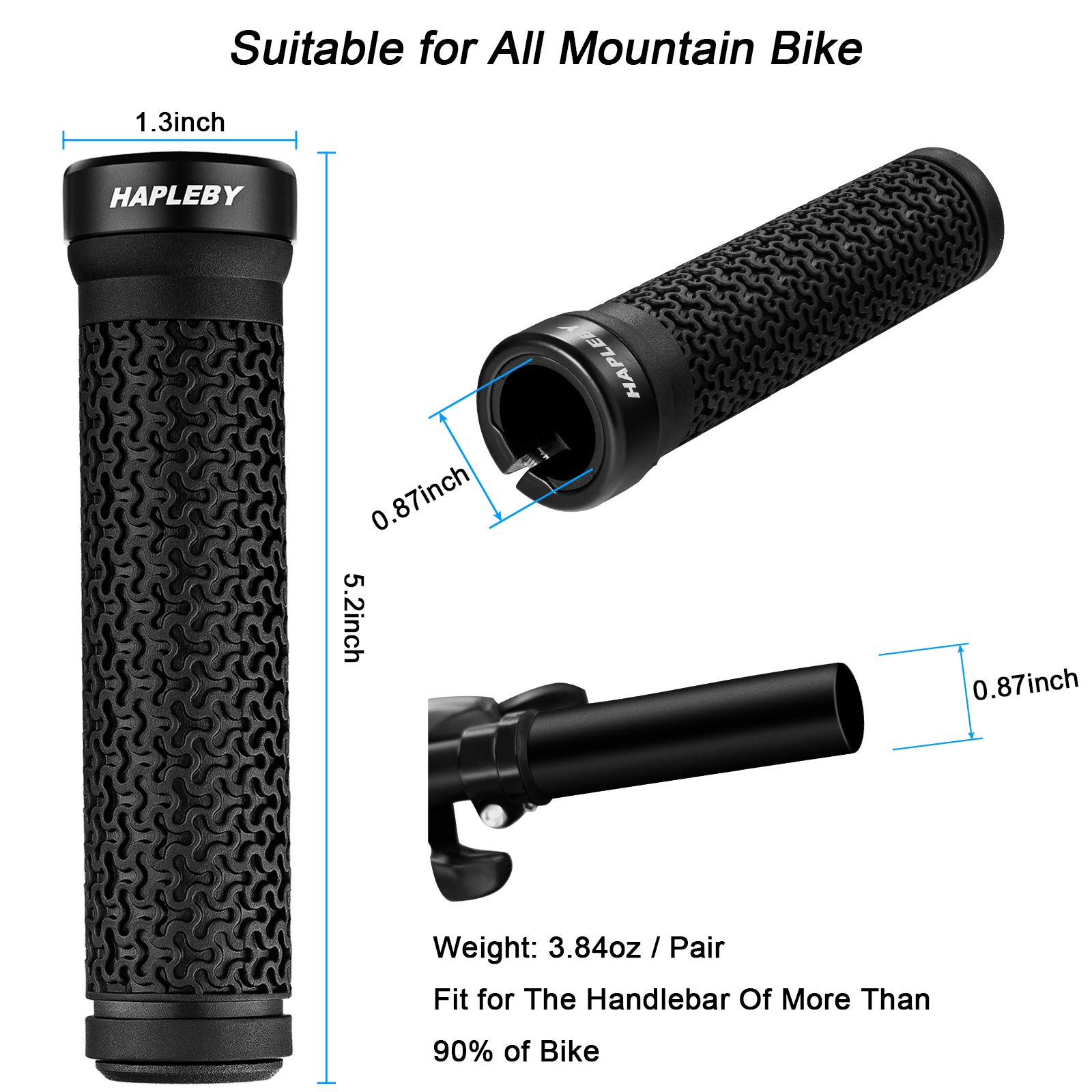 Hapleby Premium Bike Handlebar Grips, Single Lock-on Professional Mountain Bicycle Handlebar Locking Grips with Anti-Slip, 2PCS Screw and 2PCS Allen Wrench for Free 6