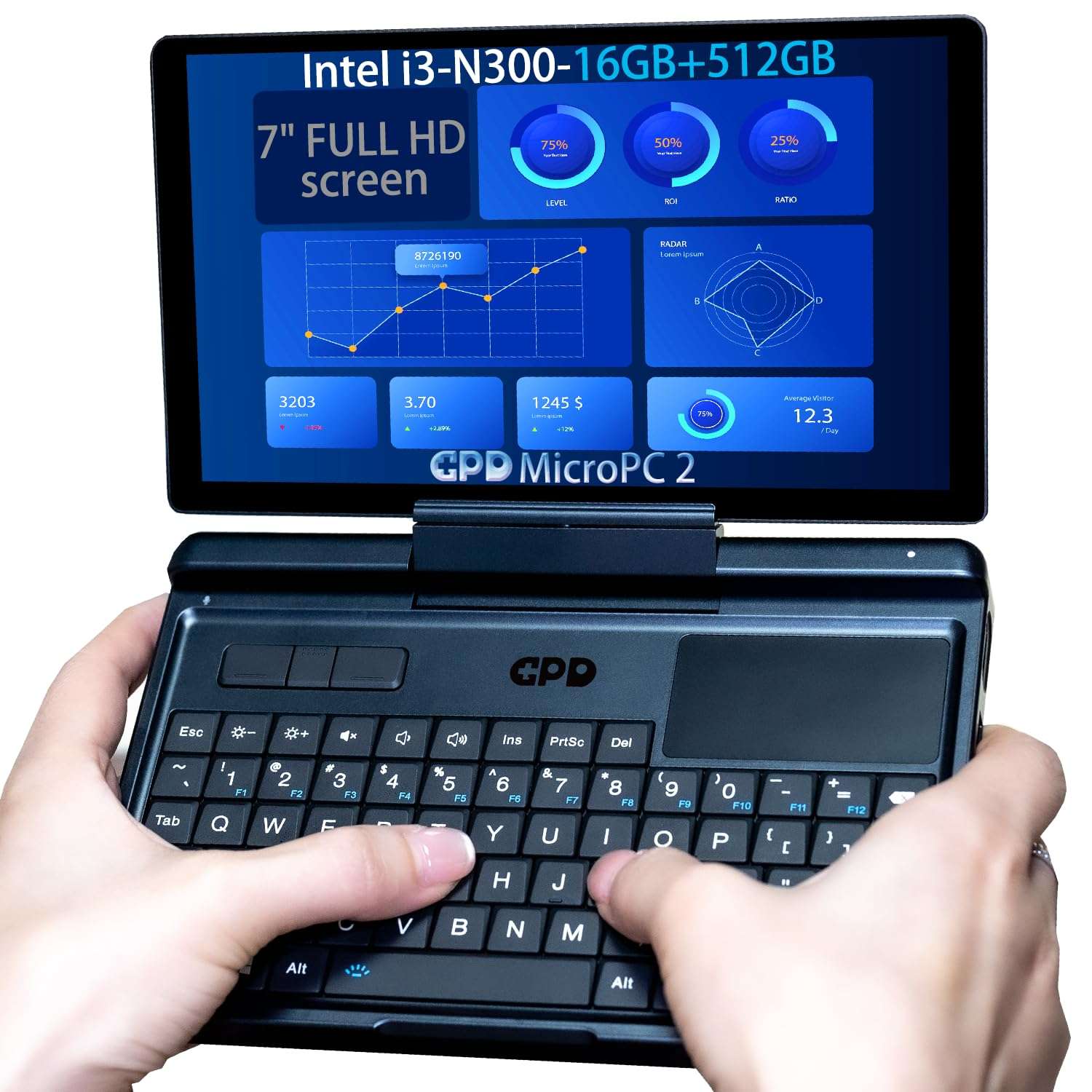 LANRUO GPD MicroPC 2 [ I3-N300-16GB+512GB ] 7" 1080P Display Portable Mini Laptop Tablet PC Computer Win 11 Home OS with 2.5G Ethernet, USB-C, HDMI 2.1, Wi-Fi 6, BT 5.2 Black 1