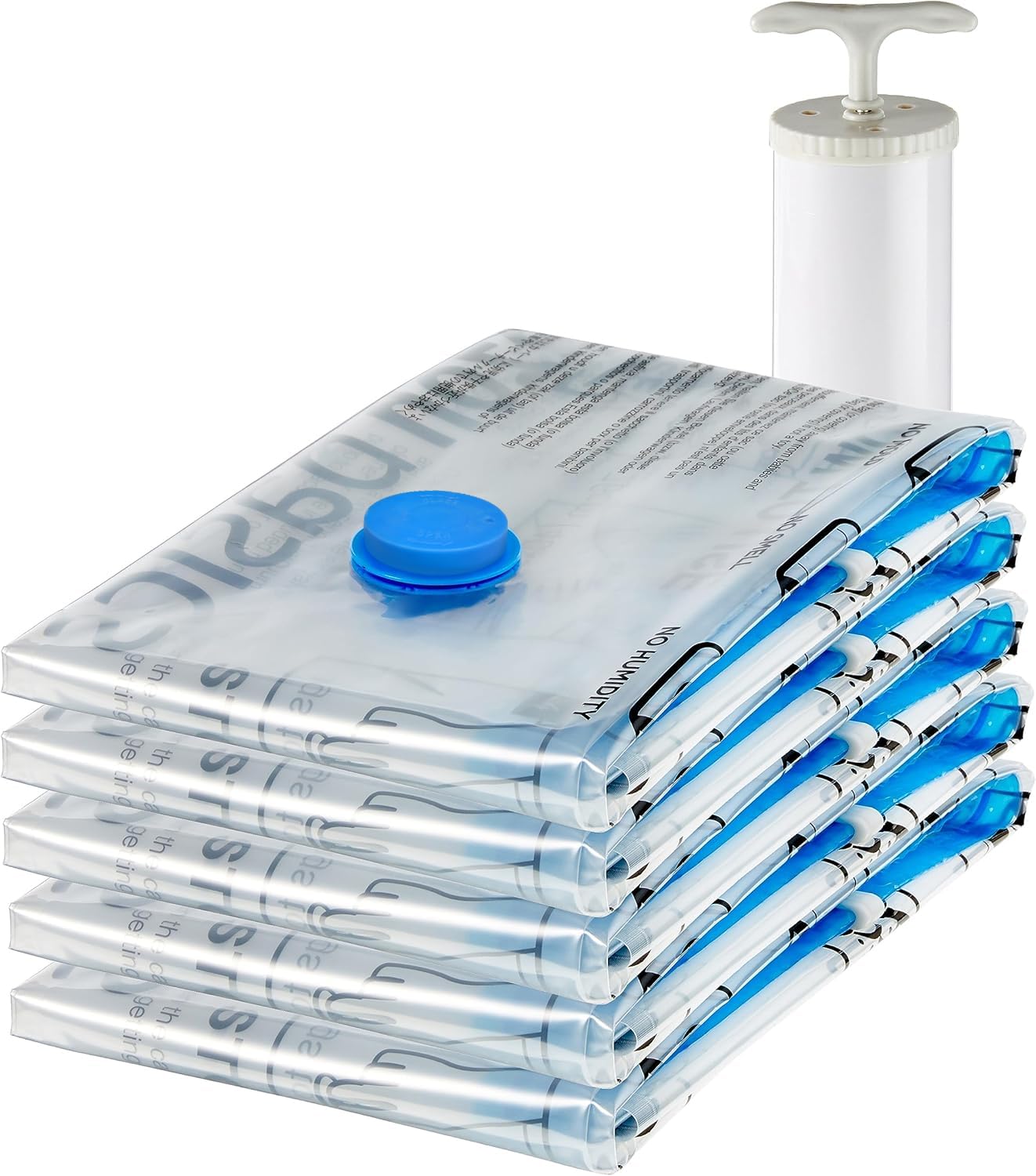 Amazon Basics Vacuum Compression Zipper Storage Bags With Hand Pump, Medium, Clear, 5-Pack, White, Sky Blue 1