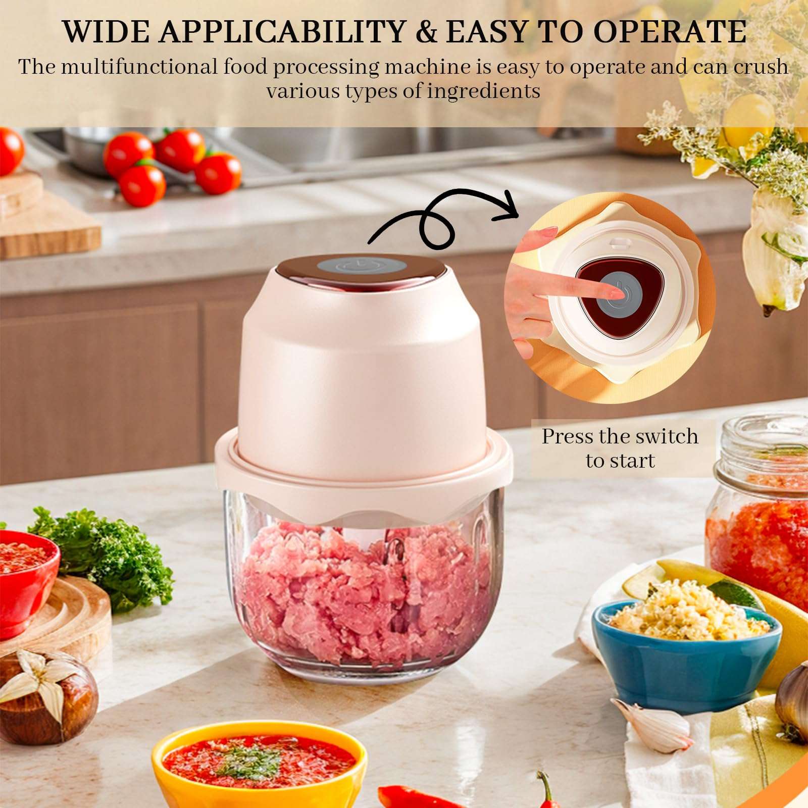 Food Processor, 350ML High-Capacity High Boron Glass Garlic Blender,Electric Food Chopper for Fruits, Meats,Vegetables,Nuts,Meat Grinder & Vegetable Chopper for Kitchen (Pink) 3