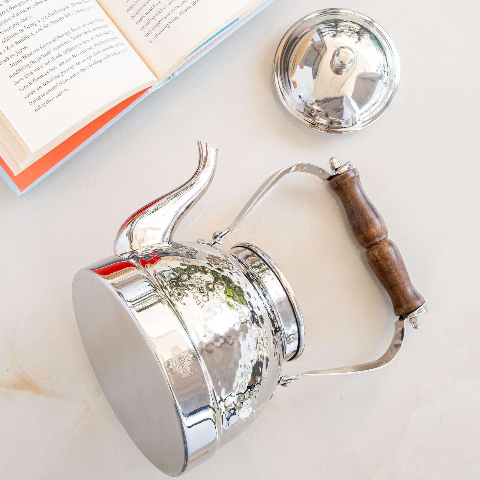 INDIAN ART VILLA Stainless Steel Hammered Tea Kettle – 1500 ML, Vintage Design Water & Tea Boiler with Wooden Handle, Elegant Kitchen & Tableware, Ideal for Home, Café, Gifting & Daily Use 4