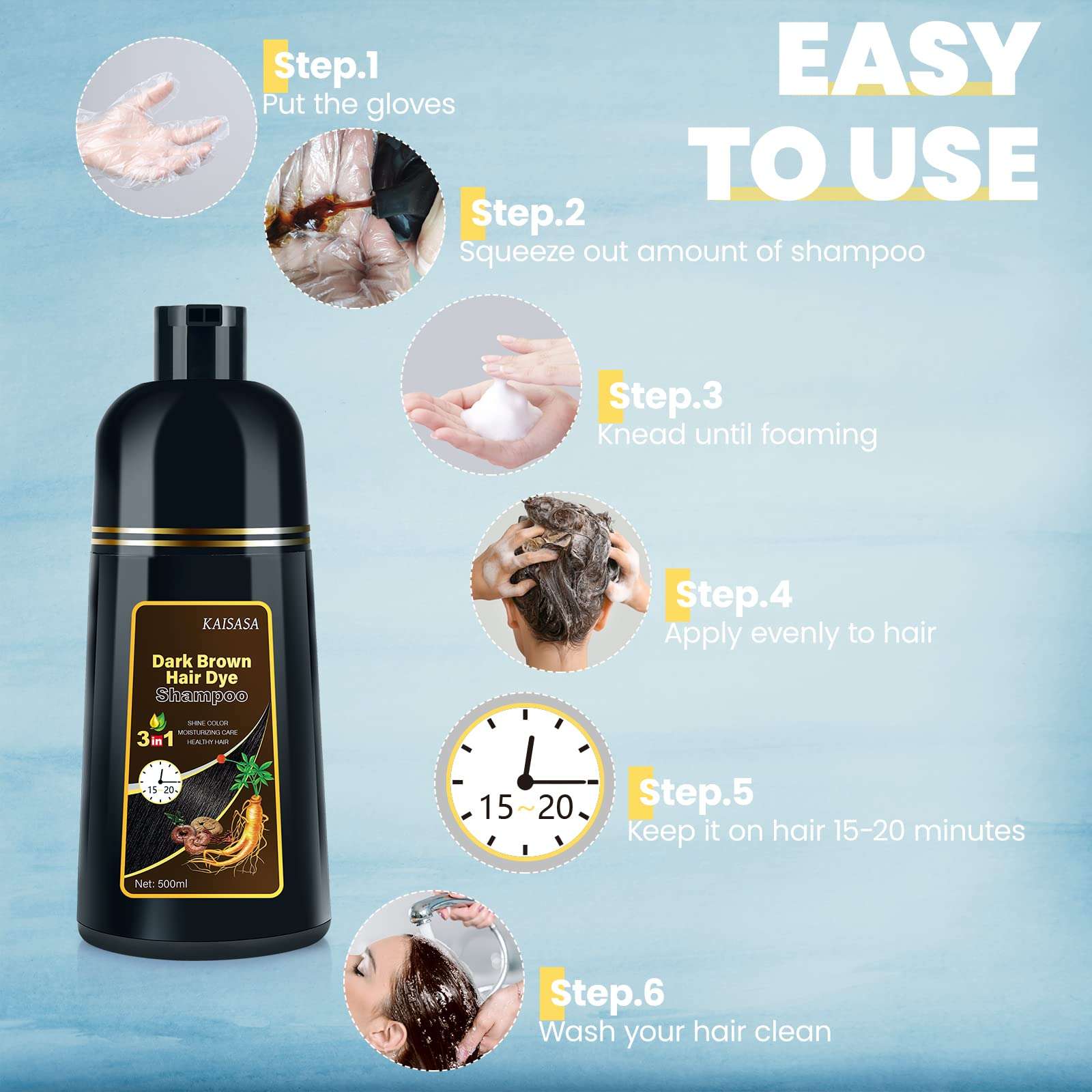 KAISASA Dark Brown Hair Dye Shampoo and Hair Restorative Mask Treatment Bundle Set 4