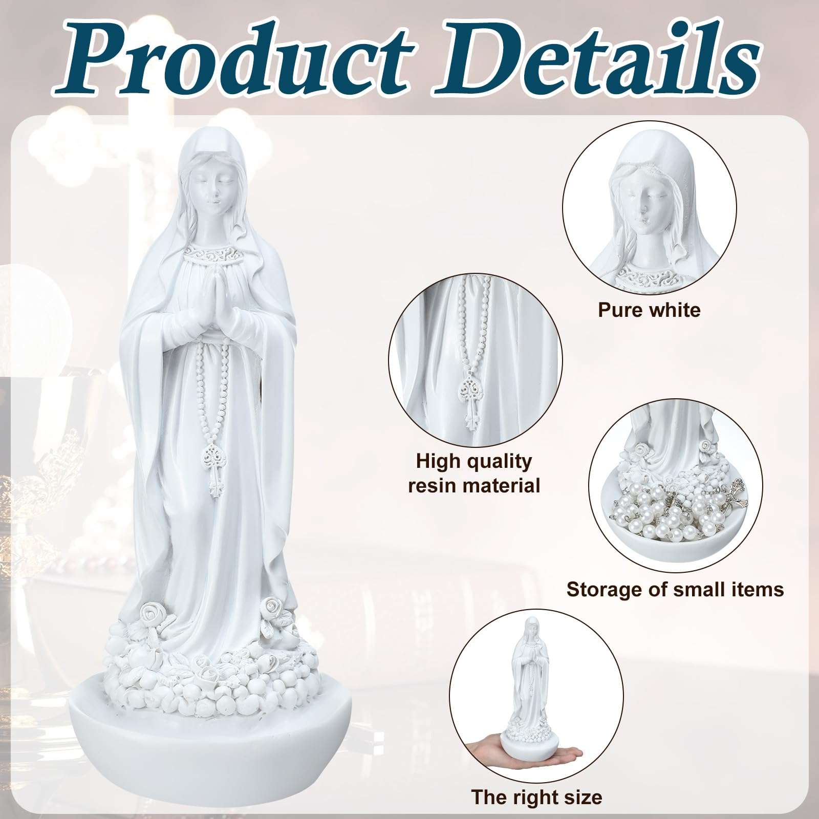Wonderjune Our Lady of Lourdes Statue Figurine 8'' Bright Ivory Virgin Mary Statue Blessed Catholic Mother Mary Garden Statue Resin Stone Tabletop Rosary Holder Home Office Religious Gifts Decor 4