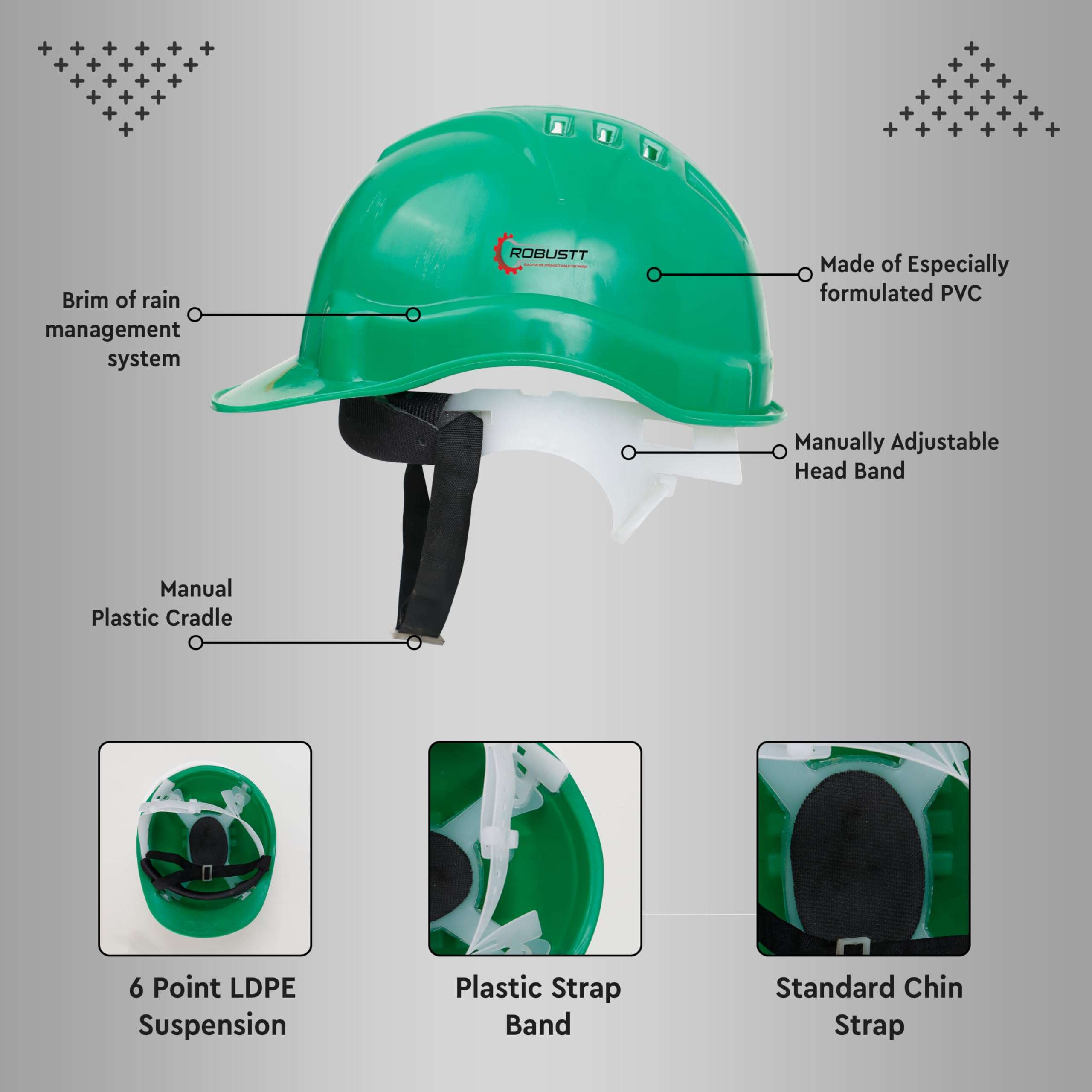 Robustt Safety Helmet - Green (Pack of 1) | Adjustable Headband | Heavy Duty Material | As Per ISI Safety Standard | Non Irritant and Soft Fabric | Lightweight and Durable 3