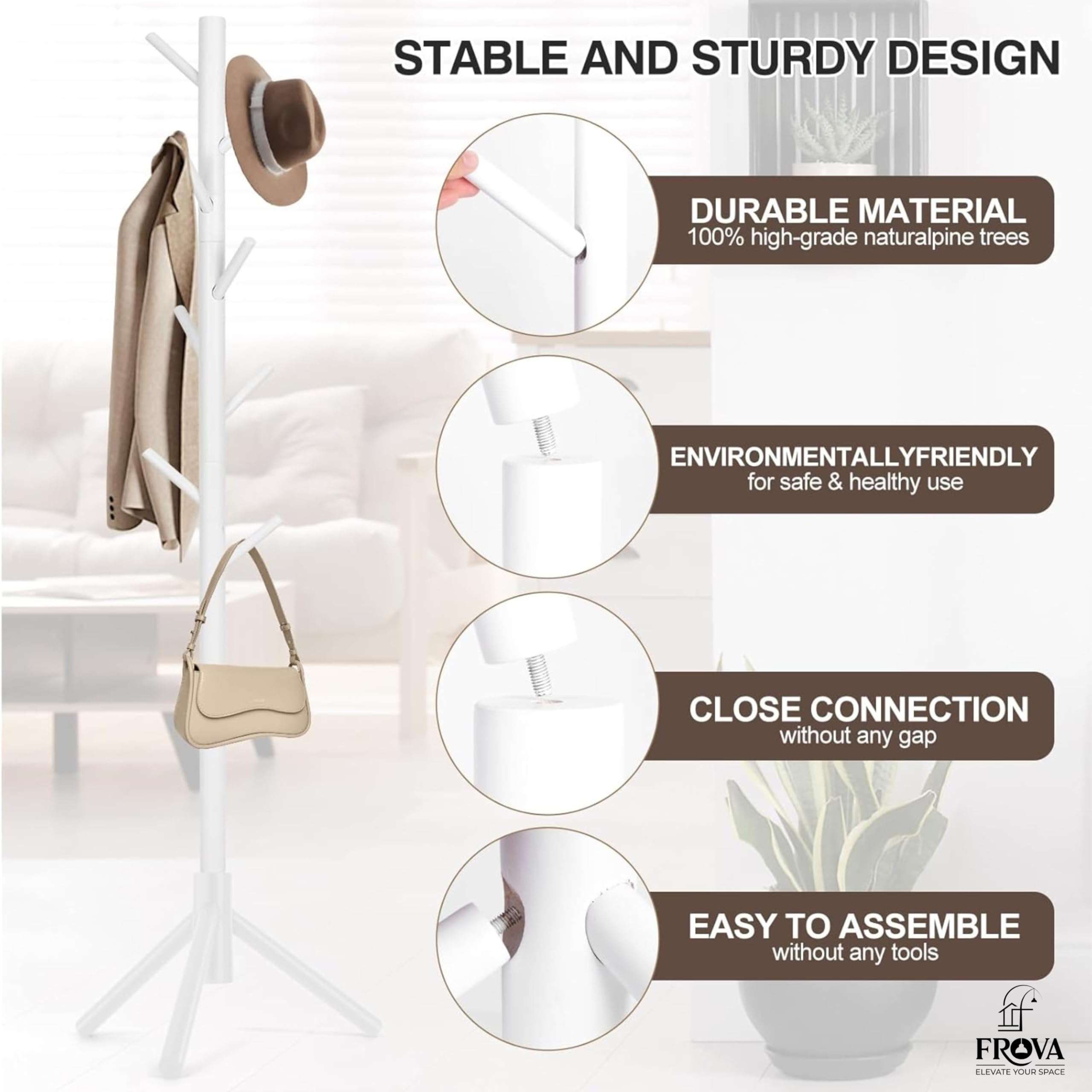 FROVA Wooden Clothes Hanging Stand with 8 Hooks | Free Standing Coat Hanger for Home | Ideal for Coats, Hats, Bags & Scarves | Cloth Stand for Bedroom | 9x9x68 inch, 1 Piece (White) 6