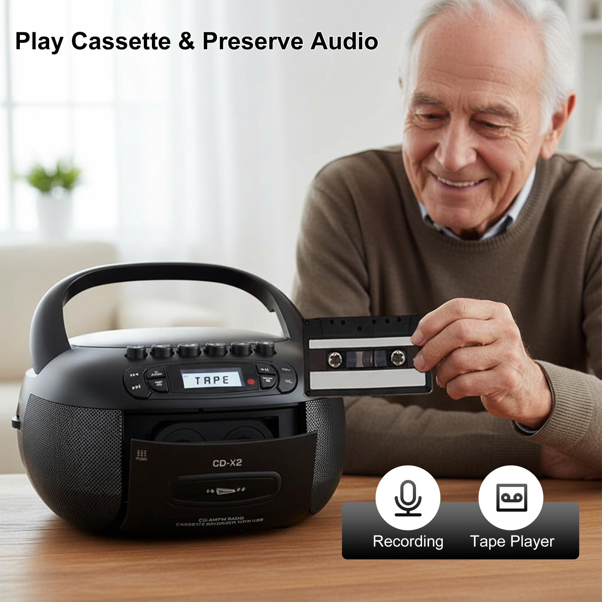 Kuephom CD Player Boombox with Cassette Player: Portable CD Boom Box with Bluetooth,FM/AM,Tape Recorder and Remote - USB/MP3/AUX Player with Sleep Timer- AC/Battery Powered for Home/Outdoor/Gift 4
