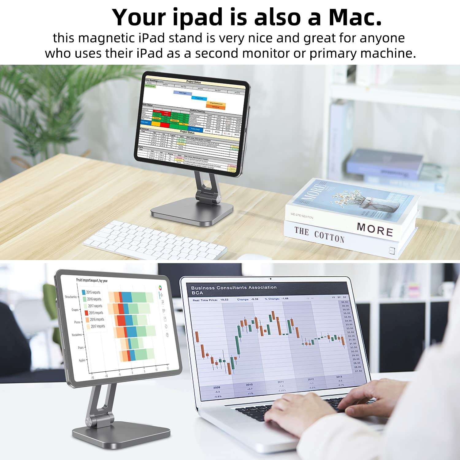 XUNMEJ iPad Pro Stand Magnetic, Updated Tablet Stand Holder, Foldable & Adjustable iPad Holder for Desk Heavy Base Holder for iPad Pro 11 Inch 1st/2nd/3rd/4th Gen & Air 4th 5th(Silver) 5