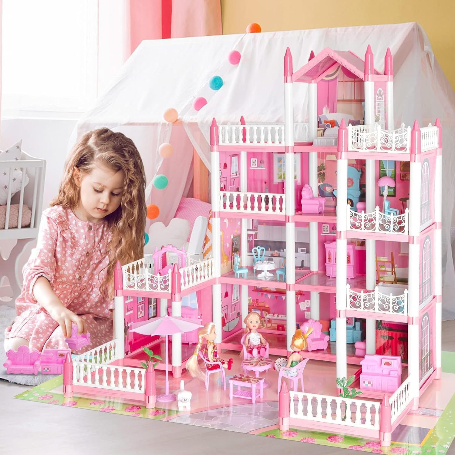 Junona Doll House,Dream House for Girls Pretend-Play DIY Dollhouse Kit,3-Story 9 Rooms Playhouse with 3 Dolls Toy Figures, Furniture and Accessories Set Gift Toy for Kids Ages 3 4 5 6 7 8+ 4