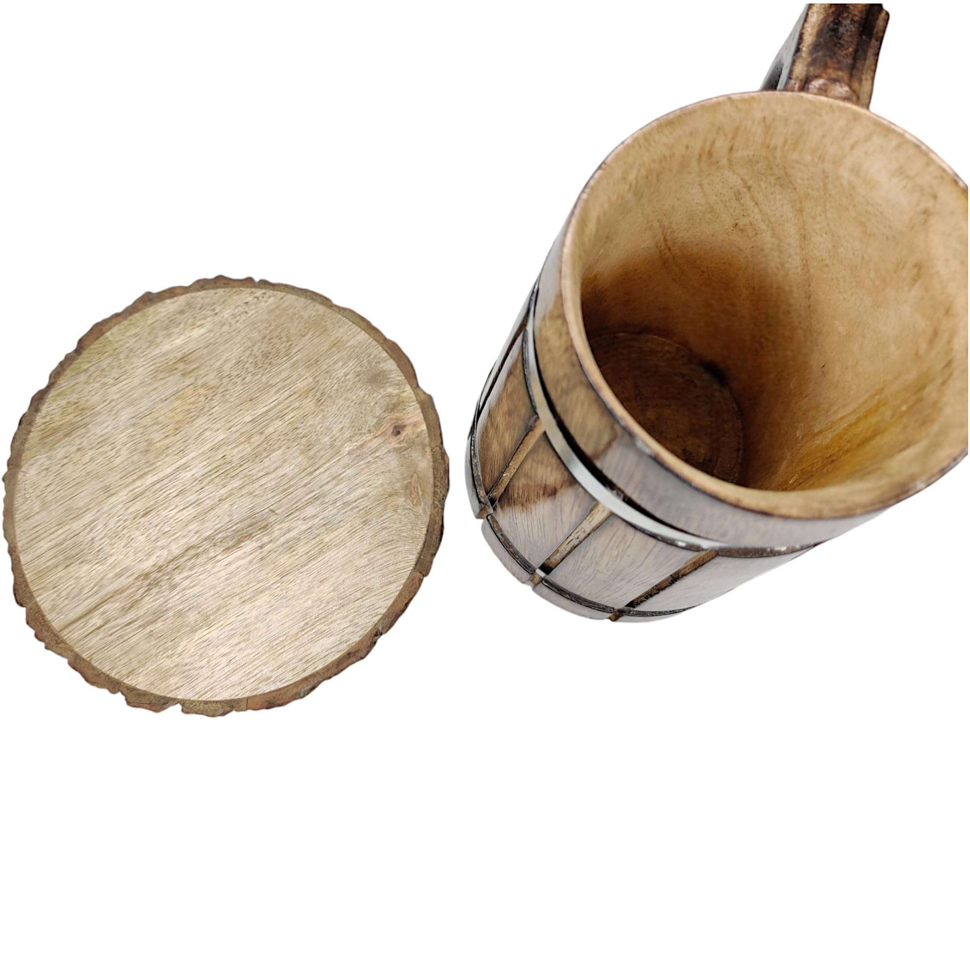 POSHIO Wooden Beer Mugs (600Ml, 6Pcs) with Tree Bark Coasters | Barrel Shaped Beer Mugs Wooden | Mugs for Cocktail Parties - Sturdy Finish | Gift Item Barware 4