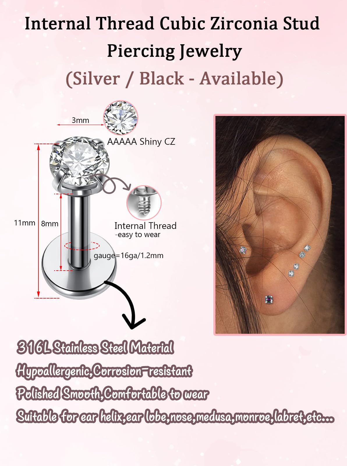 PiercingJ 2-4pcs 16g 316L Stainless Steel 3mm Cubic Zirconia Labret Monroe Lip Ring/Tragus/Helix Earring,6-12mm Bar Length 4