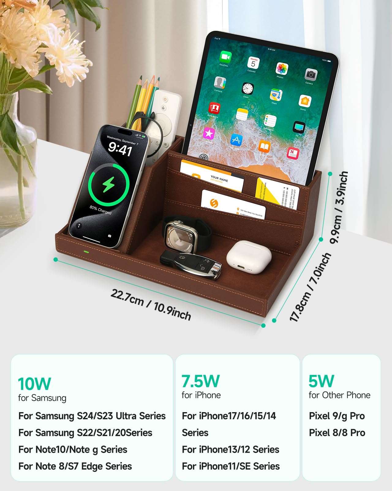 Fast Wireless Charging Station with Desk Organizer for iPhone 17/16/15/15 Pro/14/14 Pro Max/14 Pro/14 Plus/13/13 Pro Max/13 Pro/and iPhone 12/11 Series, Nightstand Desktop Organizer, Brown 6