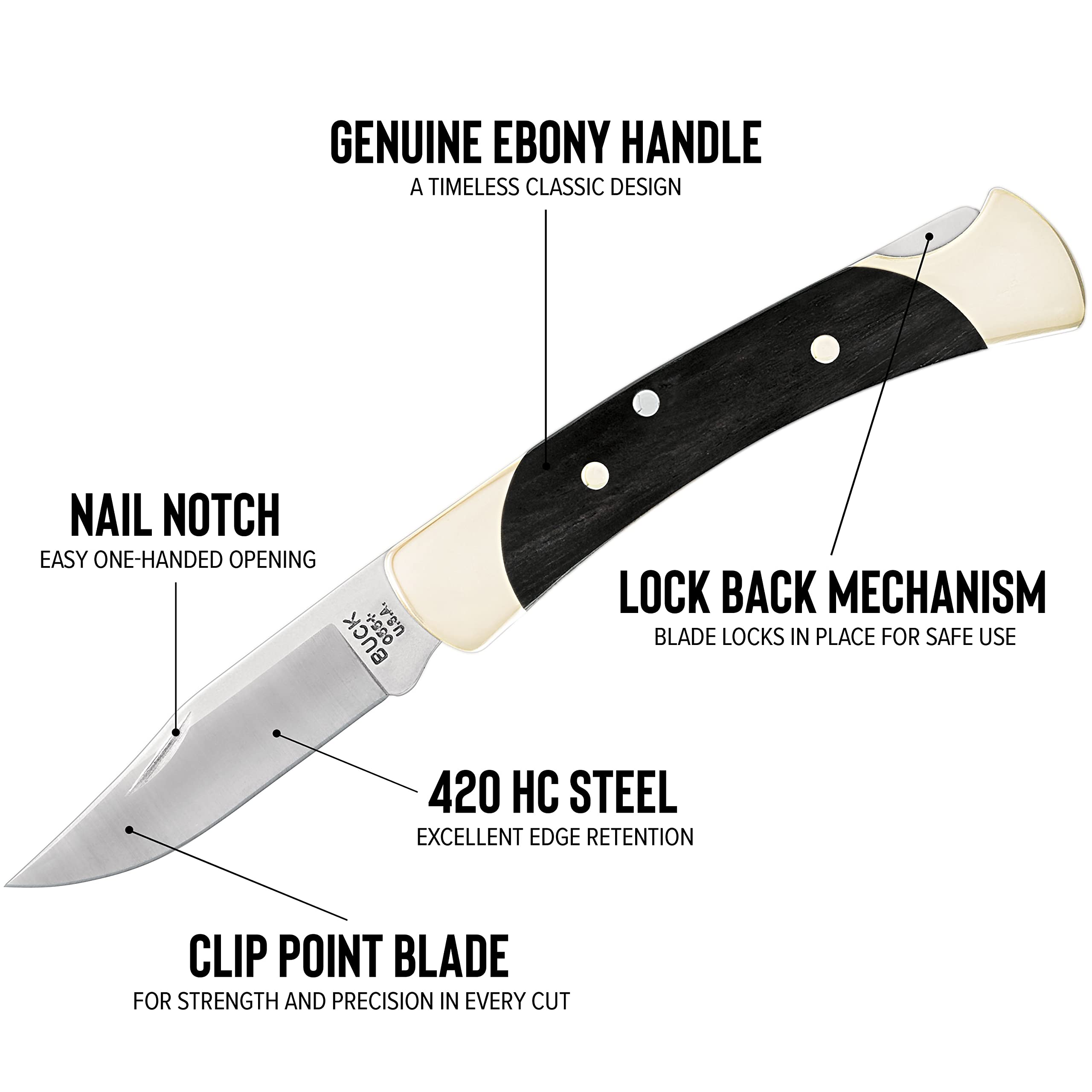 Buck Knives The 55 Folding Pocket Knife 2-3/8" 420HC Steel Clip Blade, Ebony Handle, Brass Bolsters 5