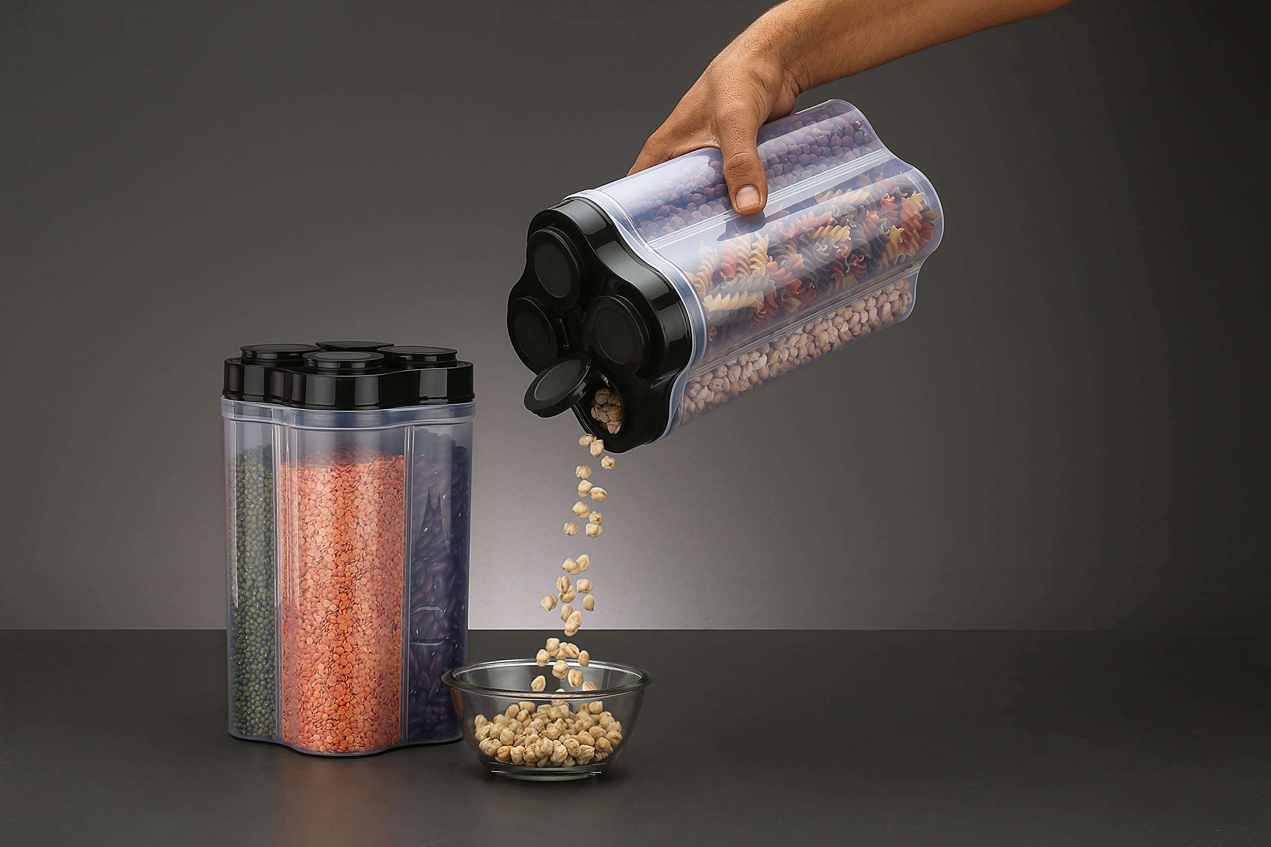 J P ENTERPRISE Airtight Transparent Plastic Lock Food Storage 4 Section Container Jar for Grocery, Fridge Container & Containers, Kitchen Storage Box & Container Set (2500ML,Pack Of 2) (BLACK) 4