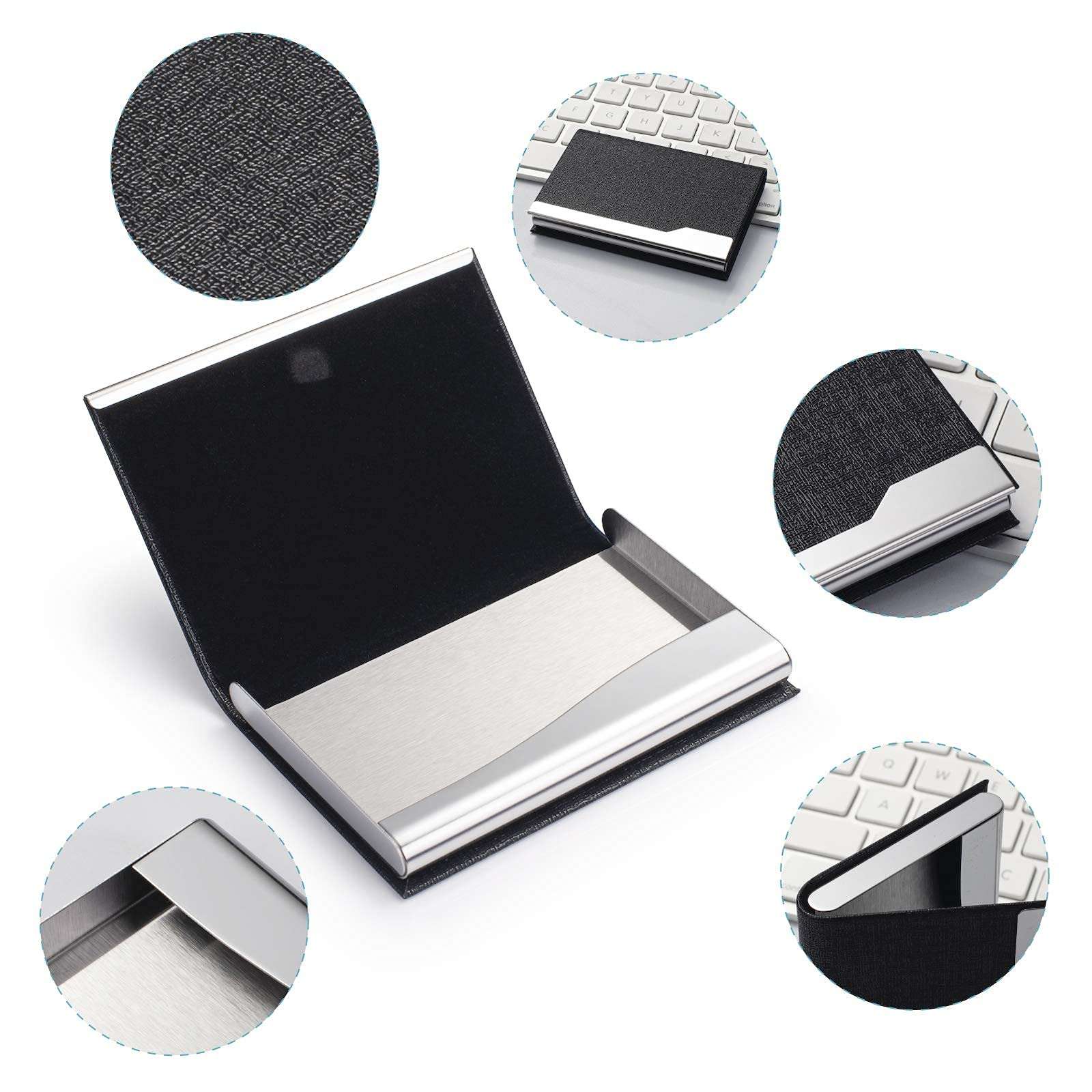 FACATH Business Card Holder - Luxury PU Leather Name Card Case & Stainless Steel Multi Card Wallet, Slim Metal Pocket Credit Card ID Holder With Magnetic Shut - Black 6