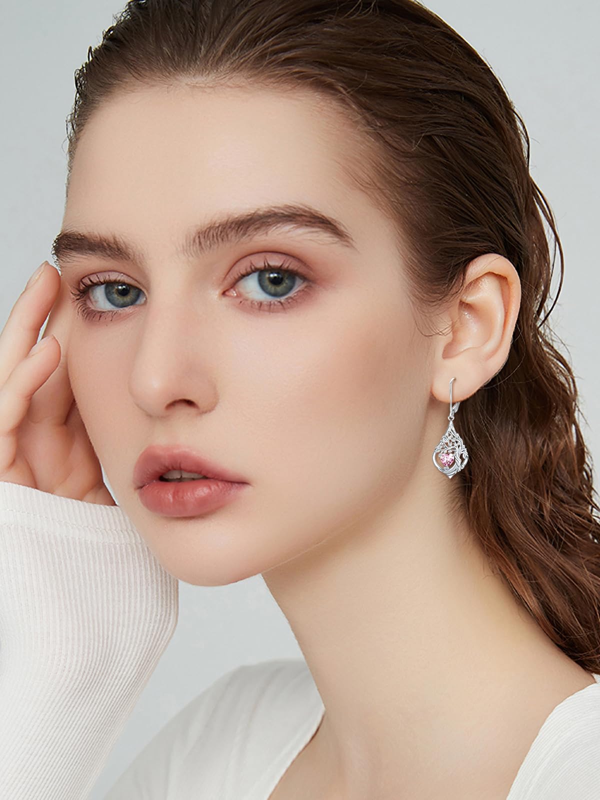 POTOPYY Tree of Life Earrings for Women S925 Sterling Silver Dangle Drop Earrings Jewelry Heart October Birthstone Earring Tree of Life Gifts Birthday Anniversary Wedding Gifts for Wife Sister Her 5
