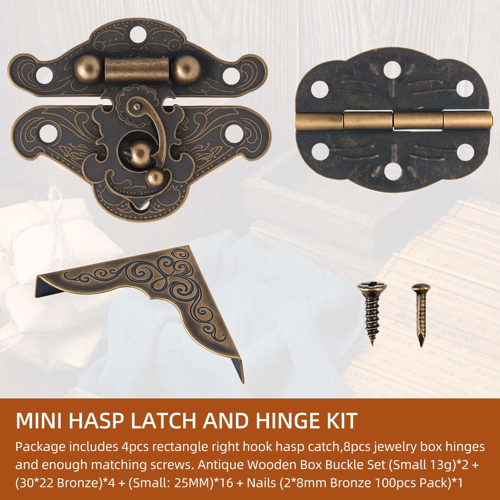 122PCS Vintage Bronze Hinge for Furniture Decoration, Antique Engraved Latch Hasp Hinges for Jewelry Box Decoration, Box Corner Protectors Hardware Kit/Wooden Box Jewelry Right Hook Hinges 4