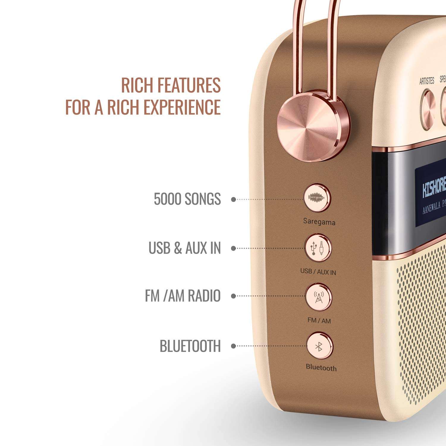 Saregama Carvaan 2.0 Hindi Portable Music Player - Sound by Harman/Kardon with 5000 Preloaded Songs and Podcast, FM/BT/AUX(Rose Gold) 2