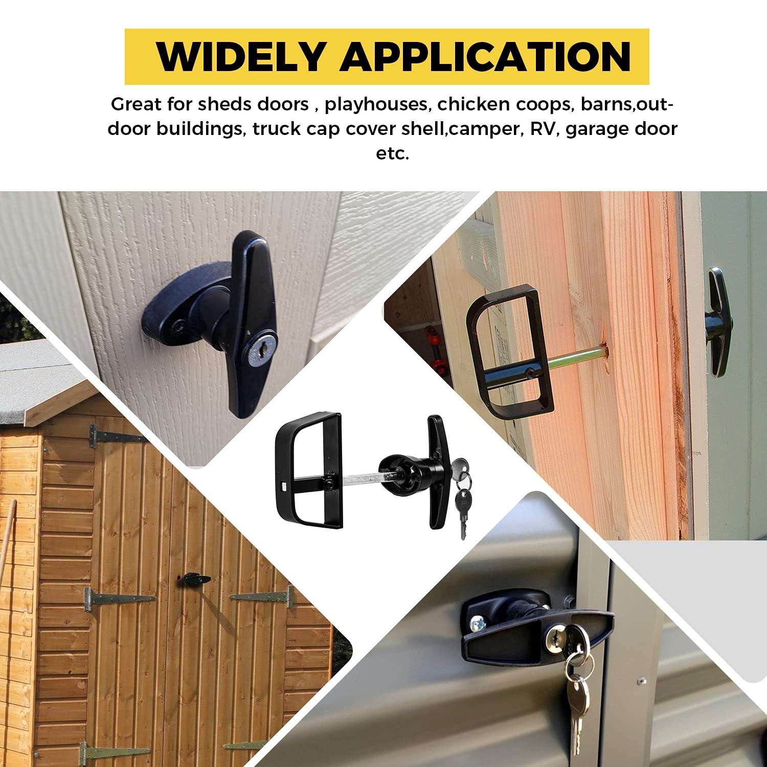 Shed Door T-Handle Lock Kit -Hurricom Includes 2 Keys, 2 Screws, Allen Wrench, 4-1/2" Stem, Shed Lock, Barn Door Lock, Playhouse Lock & Chicken Coop Lock (Black) 6
